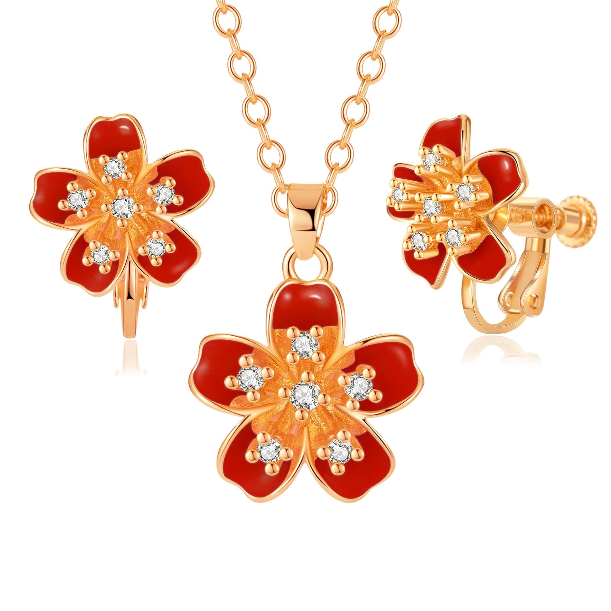 Austrian Crystal Enamel Flower Earrings and Necklace Jewelry Sets for Women | 14K gold plated brass,cute flower-shaped design,gift box,16+2" adjustable chain,women's jewelry set