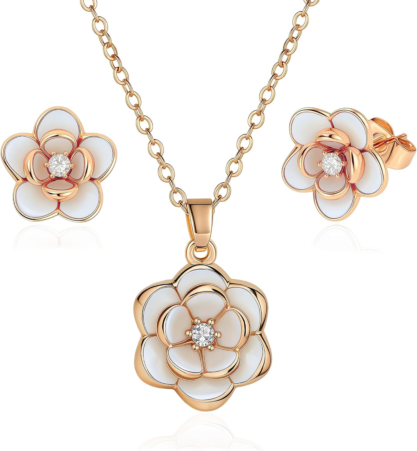 EVEVIC Dainty Flower Pendant Necklace Earrings for Women 14K Gold Plated Hypoallergenic Jewelry Sets