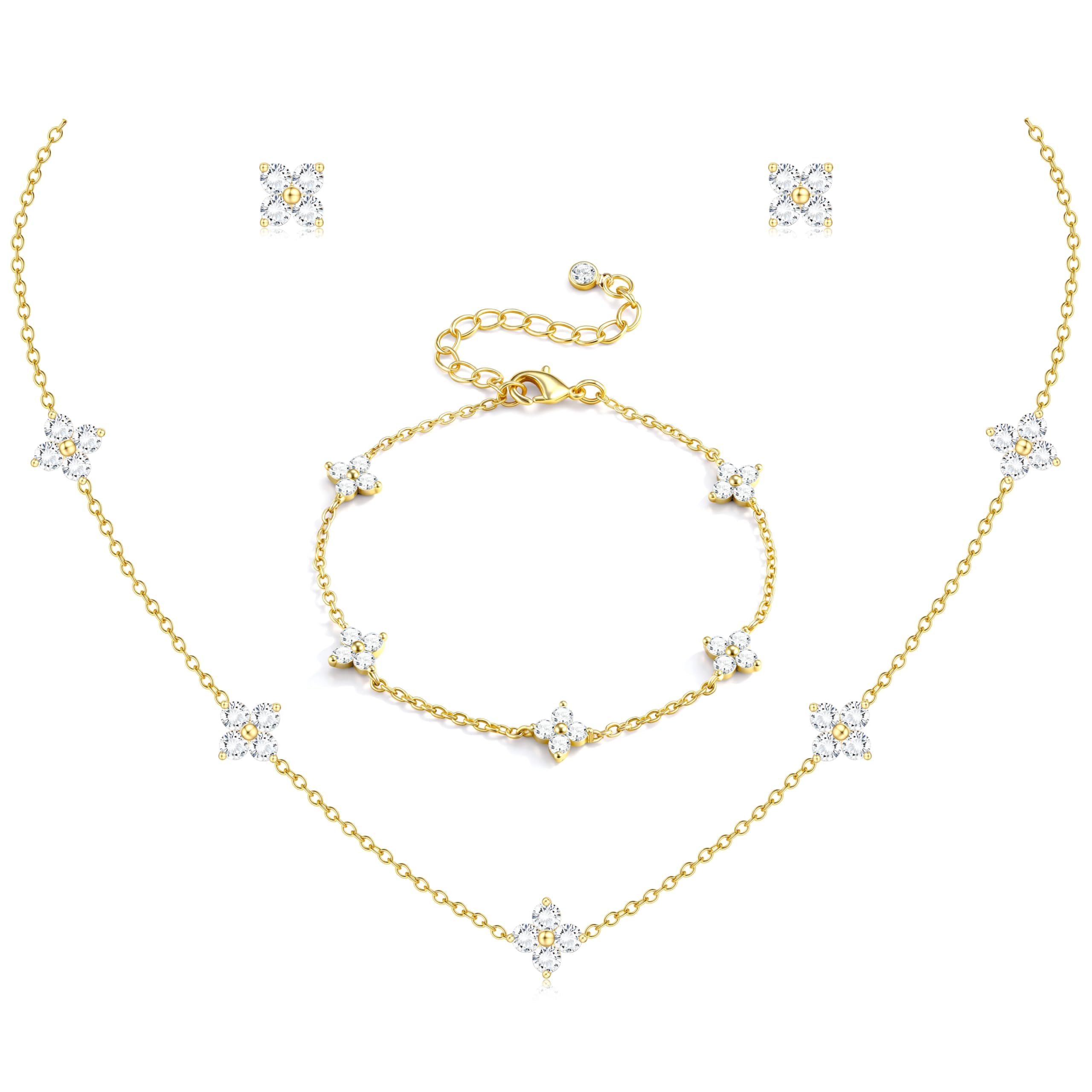 ORAZIO Dainty Silver Gold Jewelry Set for Women Trendy 14K Gold Plated CZ Flowers Pendant Choker Necklaces for Women Stud Earrings Link Bracelets Stack Jewelry Gifts for Wedding Prom Brides