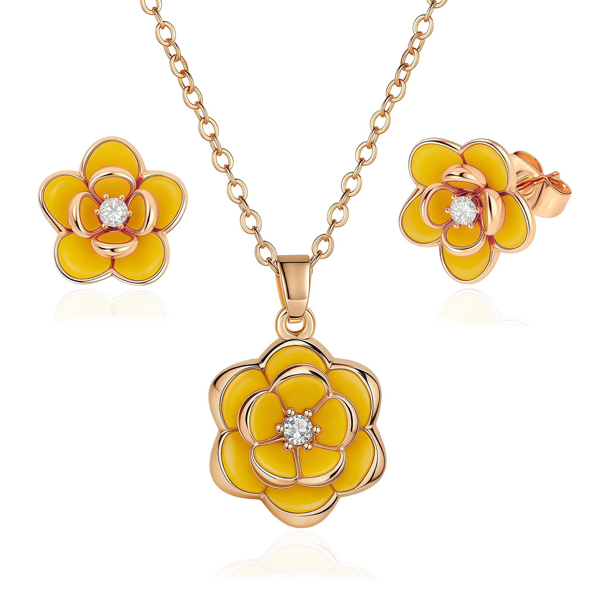 EVEVIC Dainty Flower Pendant Necklace Earrings for Women 14K Gold Plated Hypoallergenic Jewelry Sets