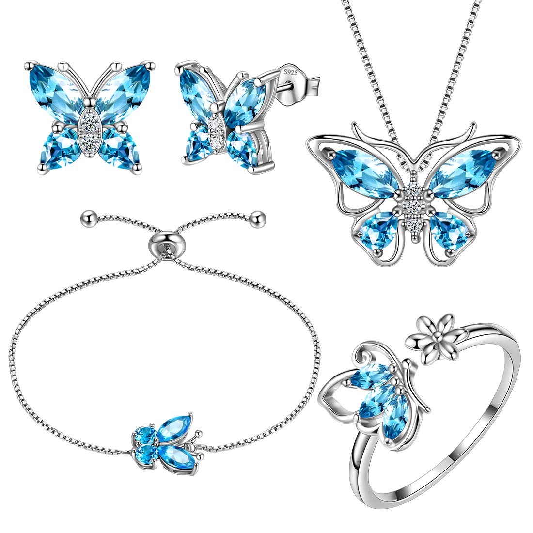 Aurora Tears Butterfly Jewelry,Women 925 Sterling Silver Butterflies Birthstone Pendant Necklace/Earrings/Rings Wedding Gift