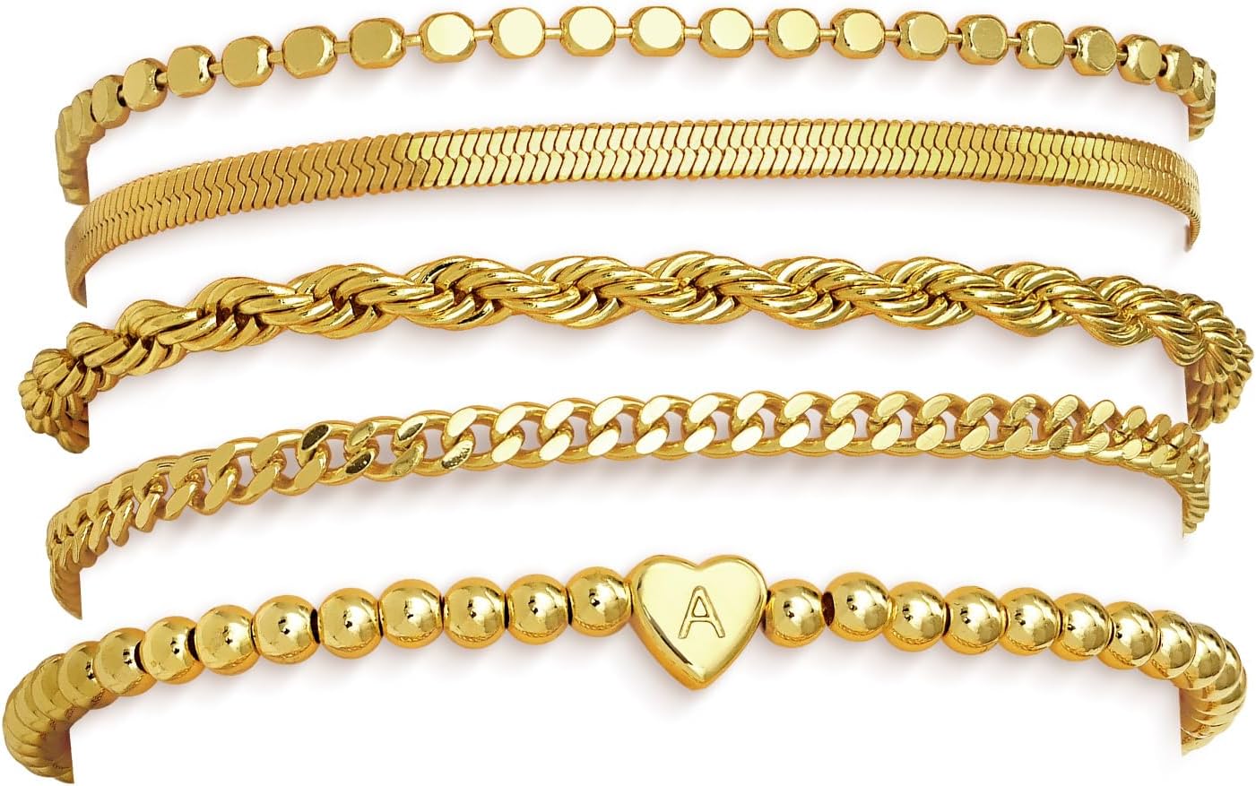 doubgood Gold Bracelets for Women Stackable, 14K Gold Plated Waterproof Bracelet Set, Dainty Adjustable Gold Bracelet Stack with Heart Initial Charm Layered Chain Jewelry Gifts for Women