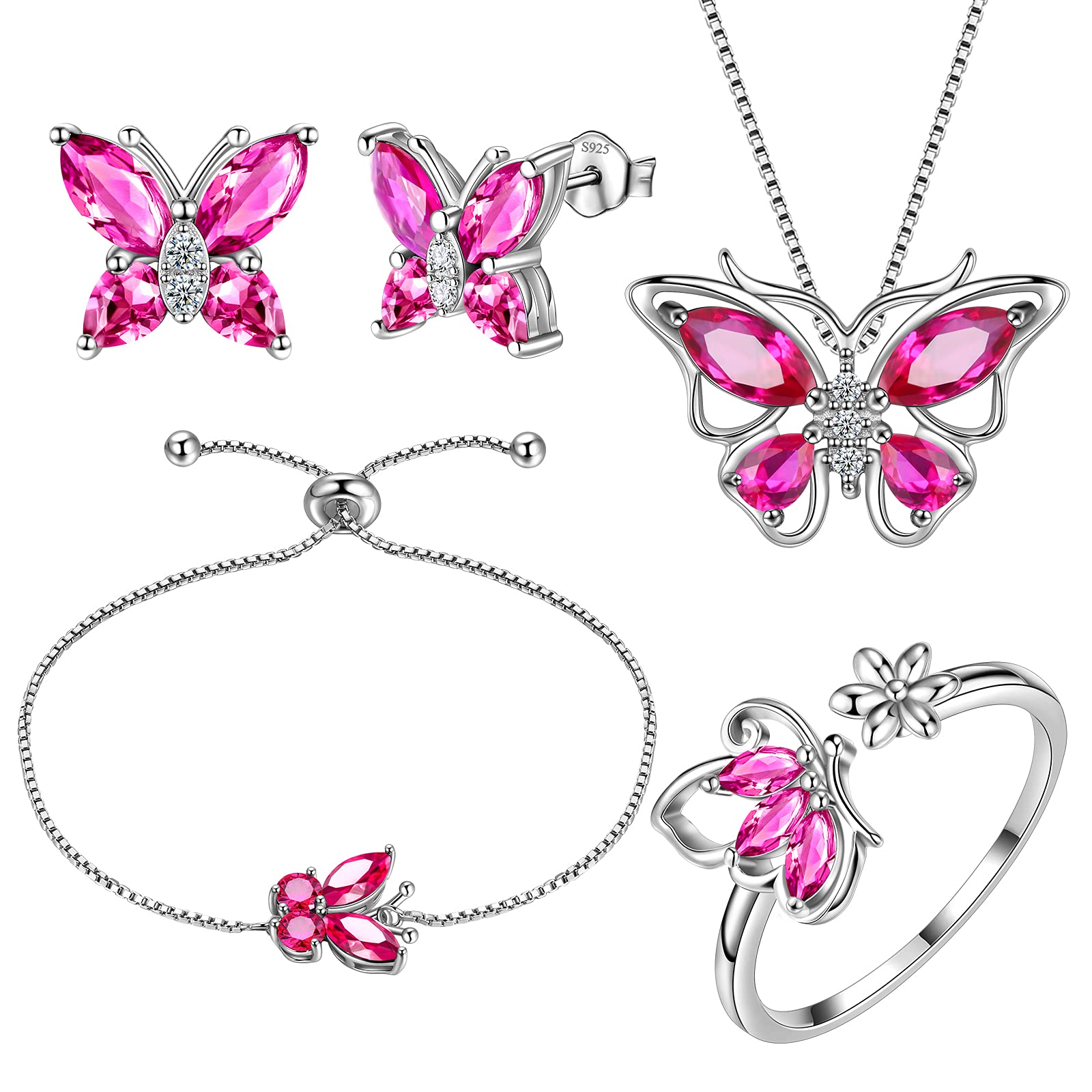 Aurora Tears Butterfly Jewelry,Women 925 Sterling Silver Butterflies Birthstone Pendant Necklace/Earrings/Rings Wedding Gift