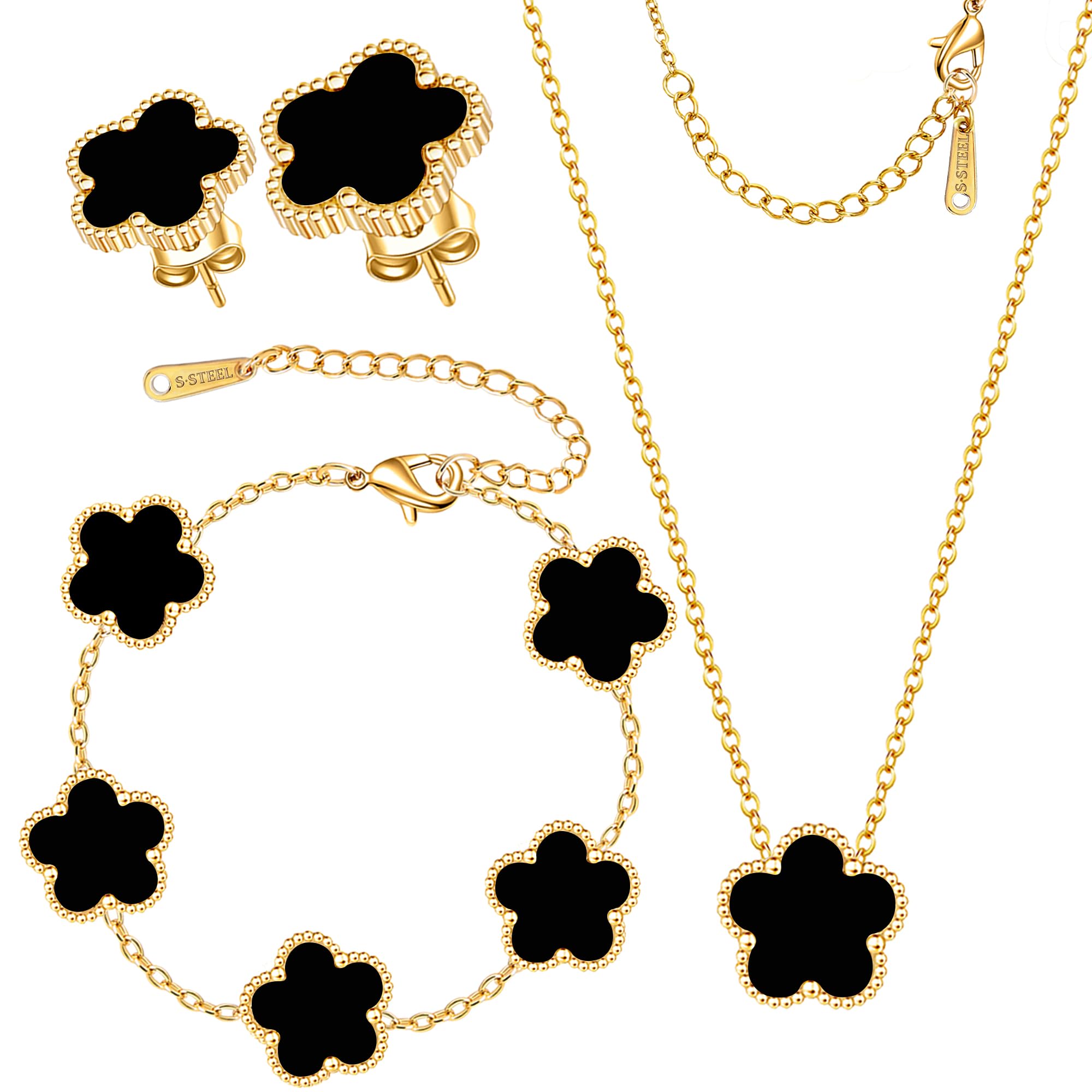 Clover Jewelry Set 3 PC - 18K Gold Plated Stainless Steel Y Necklace Four Leaf Pendant, Clover Link Bracelet Charm, Flower Earrings, Hypoallergenic Non-Tarnish,Simple Luxury Lucky Gifts for Women