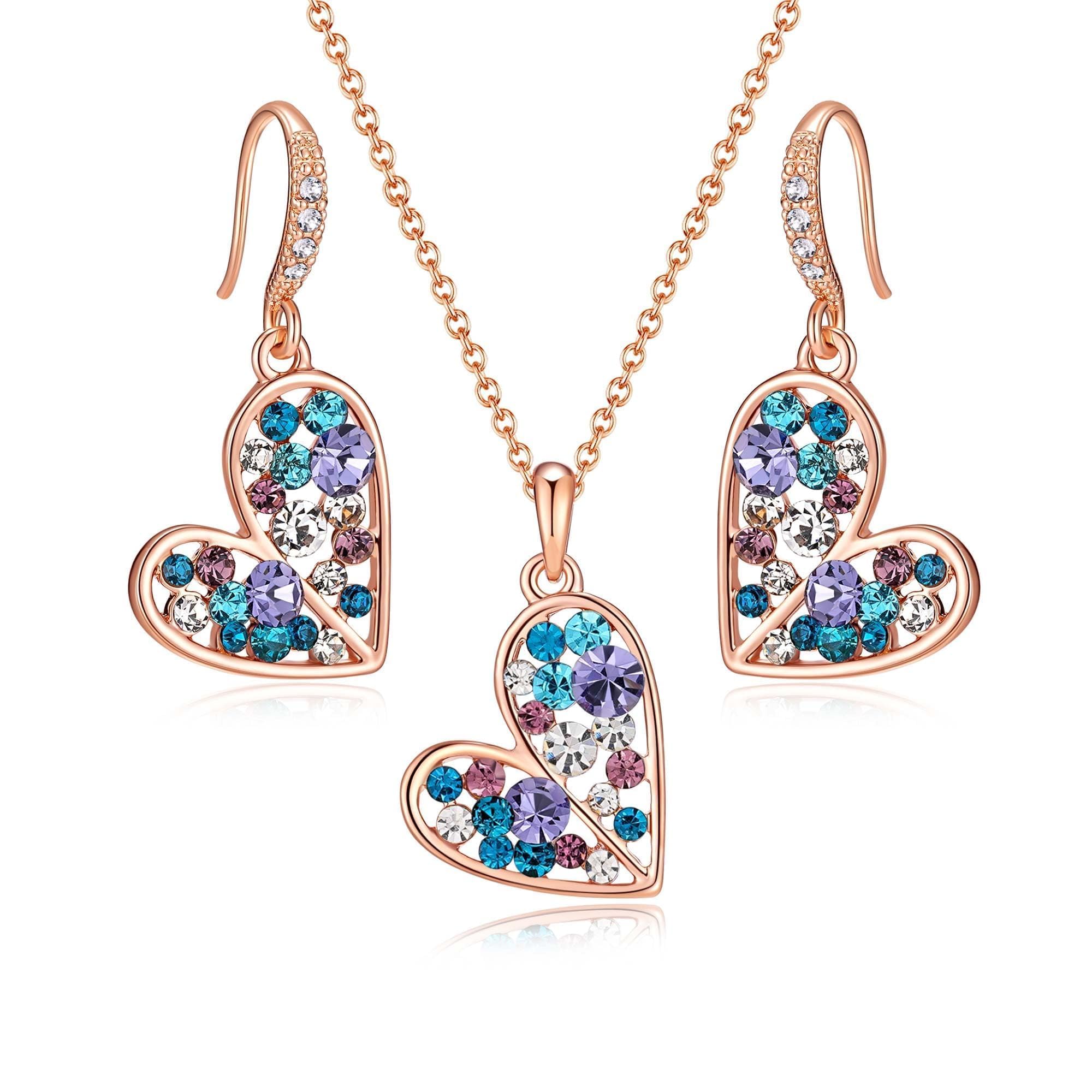 Austrian Crystal Heart Pendant Necklace Earrings Jewelry Sets for Women | Colorful Crystal,14K rose gold plated brass,Cute heart-shaped design,gift box,16+2" adjustable chain,women's jewelry set
