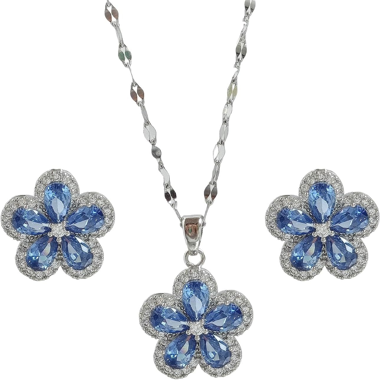 Delicate Zircon Flower Necklace Earrings Jewelry Set - 18K Gold Plated Stainless Steel Lip Chain Choker S925 Silver Needles Stud Earrings for Women, Luxury Accessories Gifts, Packed with Box