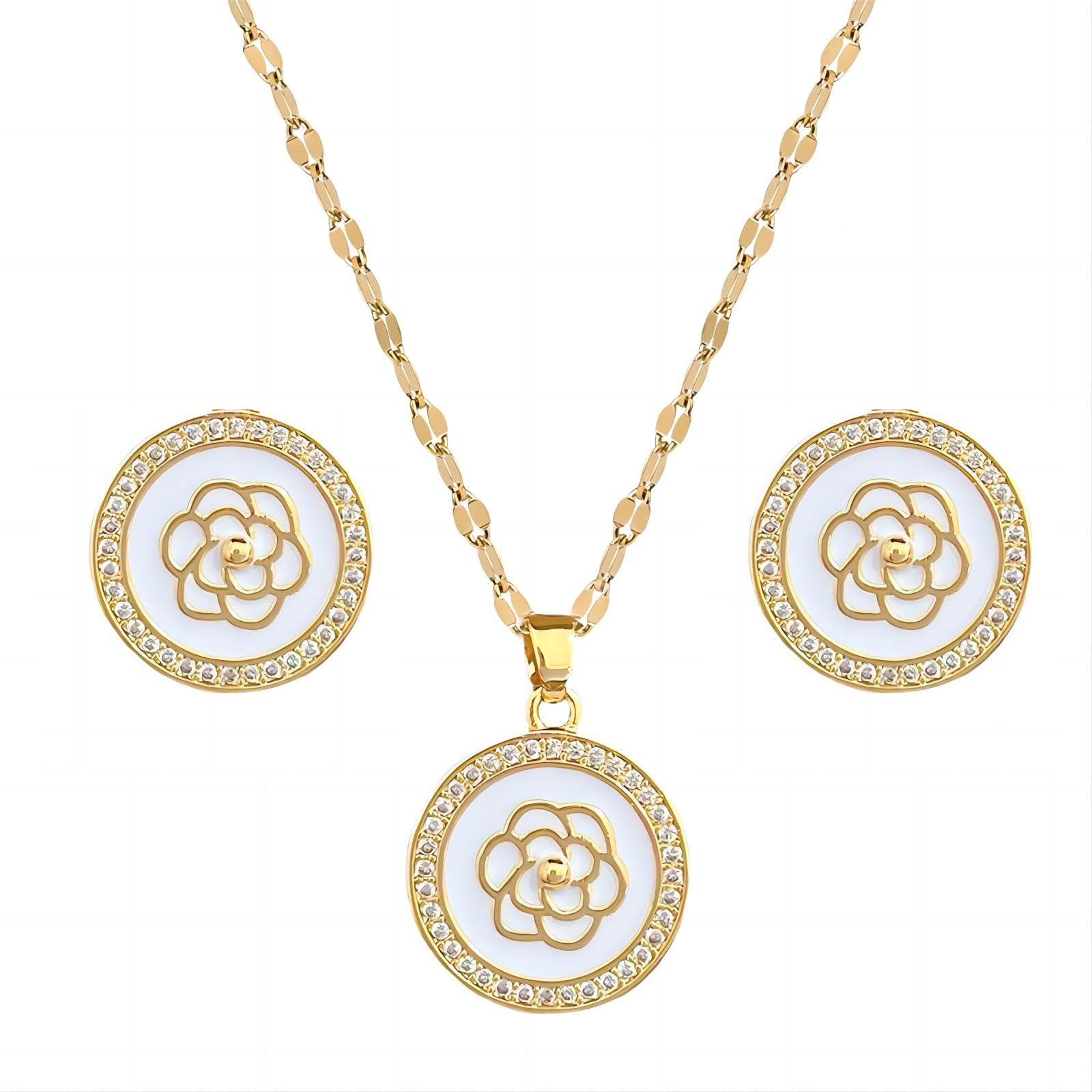 Delicate Zircon Flower Necklace Earrings Jewelry Set - 18K Gold Plated Stainless Steel Lip Chain Choker S925 Silver Needles Stud Earrings for Women, Luxury Accessories Gifts, Packed with Box