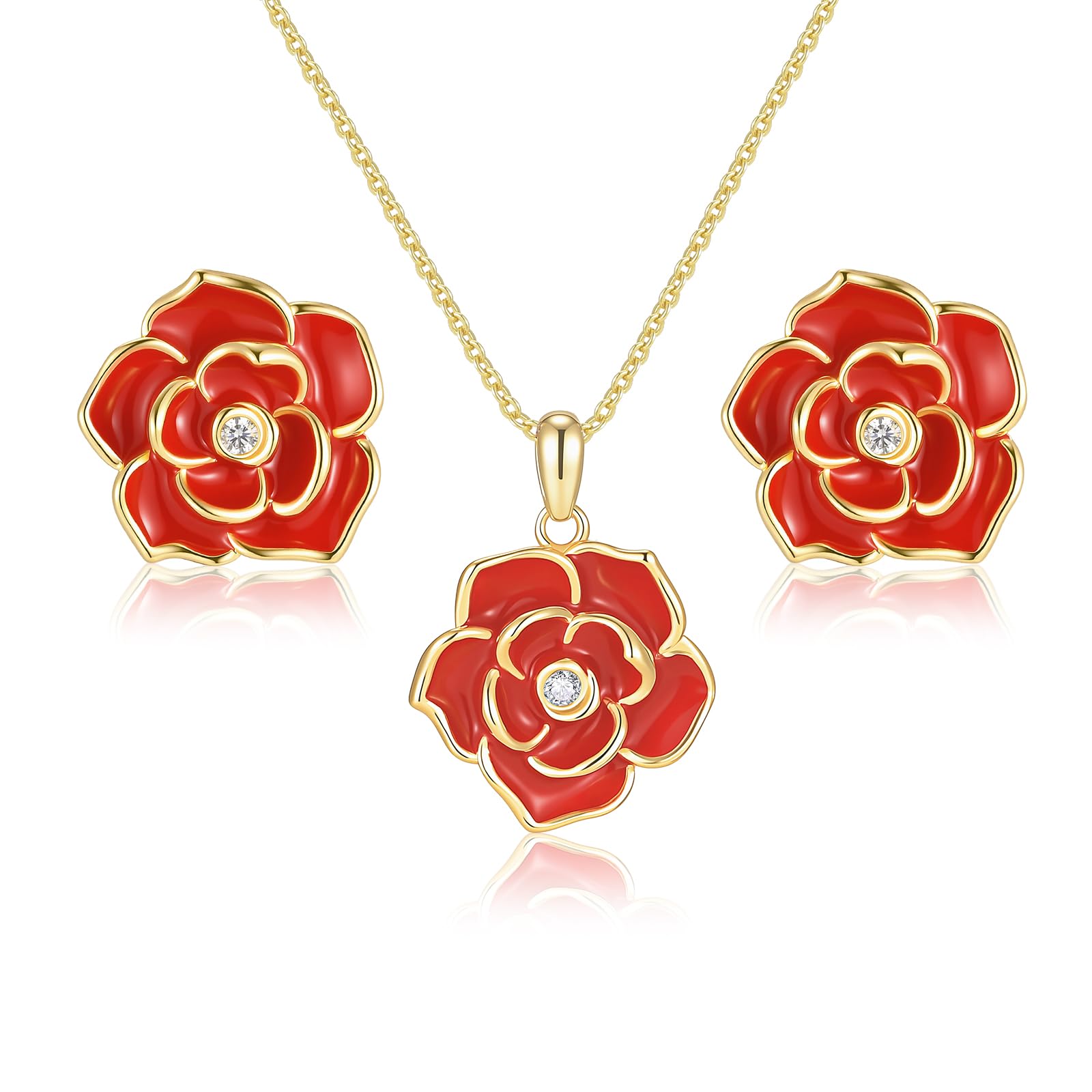 Rose Flower Earring Necklace Set - 14k Gold Plated Hypoallergenic Jewelry Sets For Women, Trendy Cubic Zirconia Floral Earring Pendant Necklace Anniversary Birthday Gift for Her