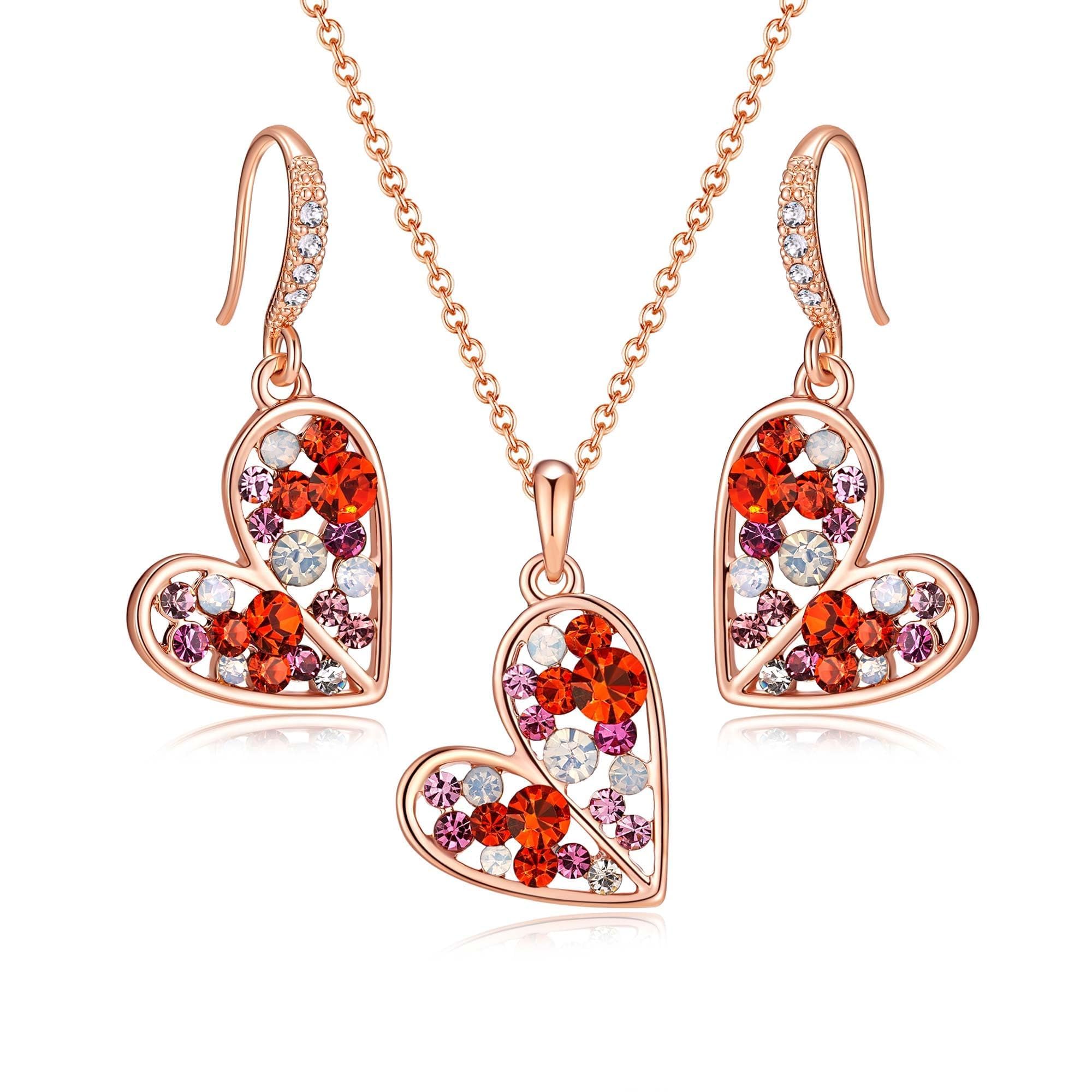 Austrian Crystal Heart Pendant Necklace Earrings Jewelry Sets for Women | Colorful Crystal,14K rose gold plated brass,Cute heart-shaped design,gift box,16+2" adjustable chain,women's jewelry set