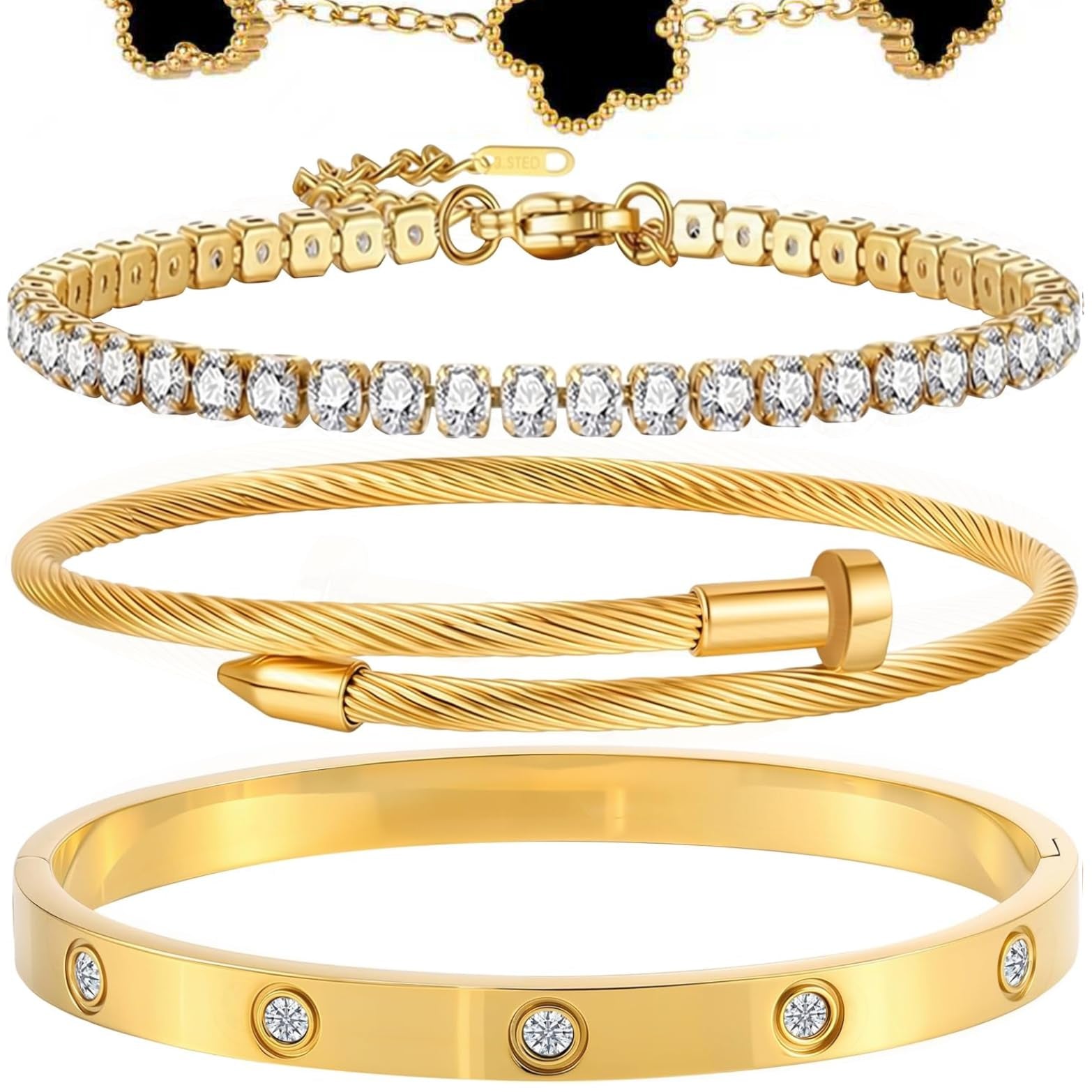 18K Gold Plated Bangle Bracelet Set for Women Stackable Lucky Floral Adjustable Tennis Bracelet Non Tarnish Gift Jewelry for Christmas Valentines Birthday Mother's Day