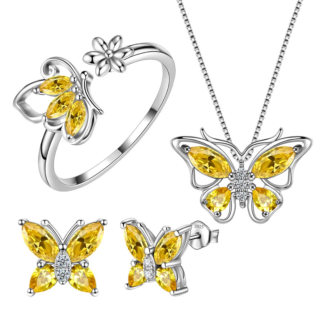 Aurora Tears Butterfly Jewelry,Women 925 Sterling Silver Butterflies Birthstone Pendant Necklace/Earrings/Rings Wedding Gift