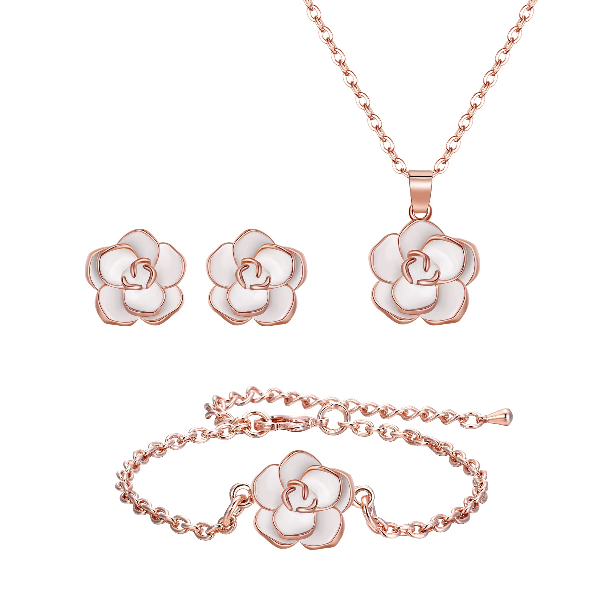 EleQueen Rose Flower Necklace Earrings Bracelet Set 14K Gold Plated Hypoallergenic Jewelry Sets Gift for Women