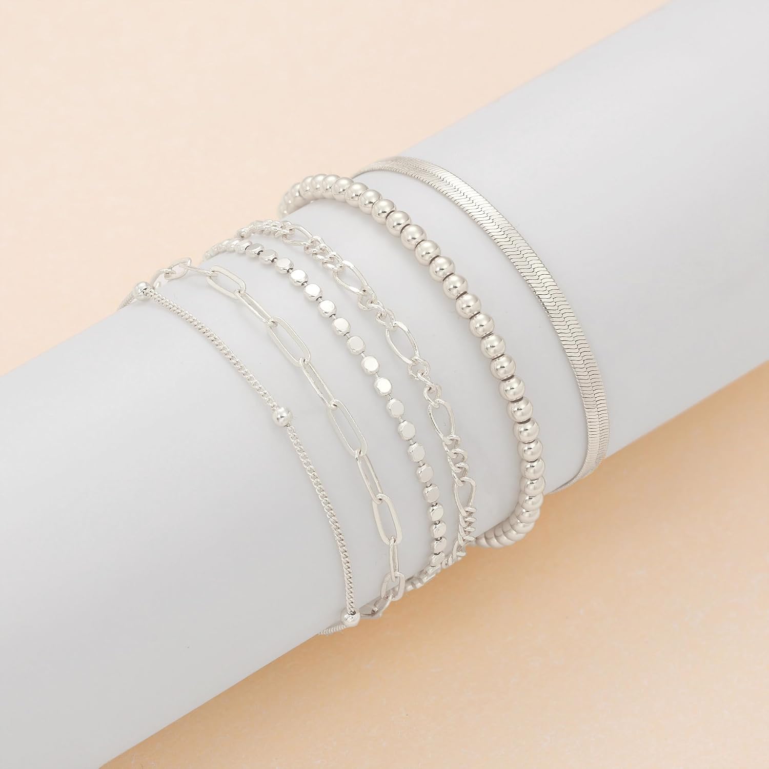 DEARMAY 6PCS Gold&Silver Bracelets Set for Women Dainty, Stackable Sterling Silver Plated Beaded Figaro Herringbone Paperclip Chain Waterproof, Layered Bracelets Set Gifts for Women Mom Her