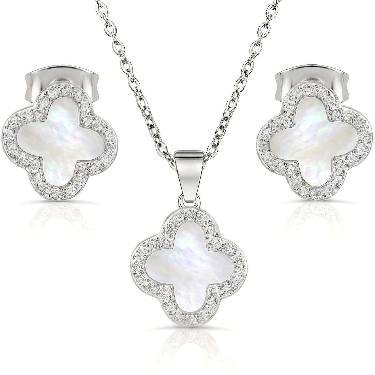 SHINYY Four Leaf Crystal Clover Necklace Earring Set for Women | 18K Gold Plated Cubic Zirconia Bracelet | 4 Leaf Lucky Pendant and Ear Studs | Jewelry Gift for Her