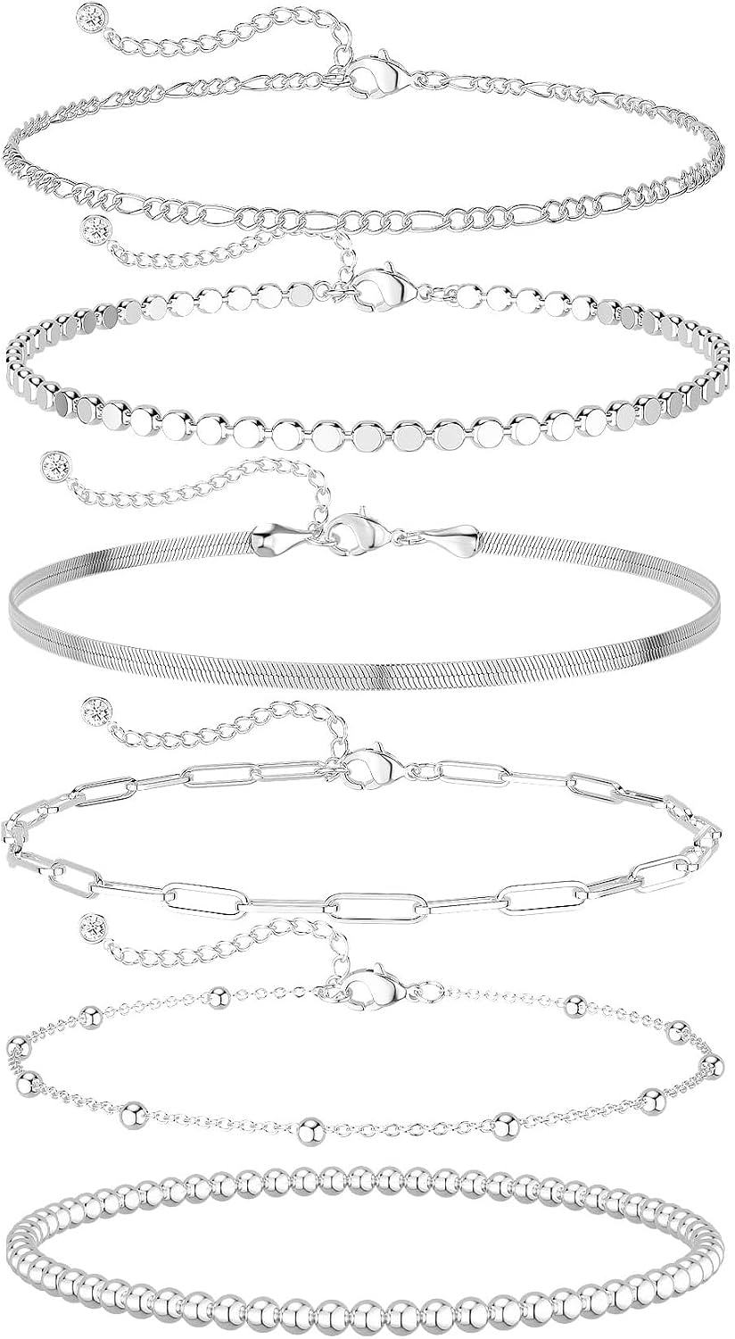 DEARMAY 6PCS Gold&Silver Bracelets Set for Women Dainty, Stackable Sterling Silver Plated Beaded Figaro Herringbone Paperclip Chain Waterproof, Layered Bracelets Set Gifts for Women Mom Her