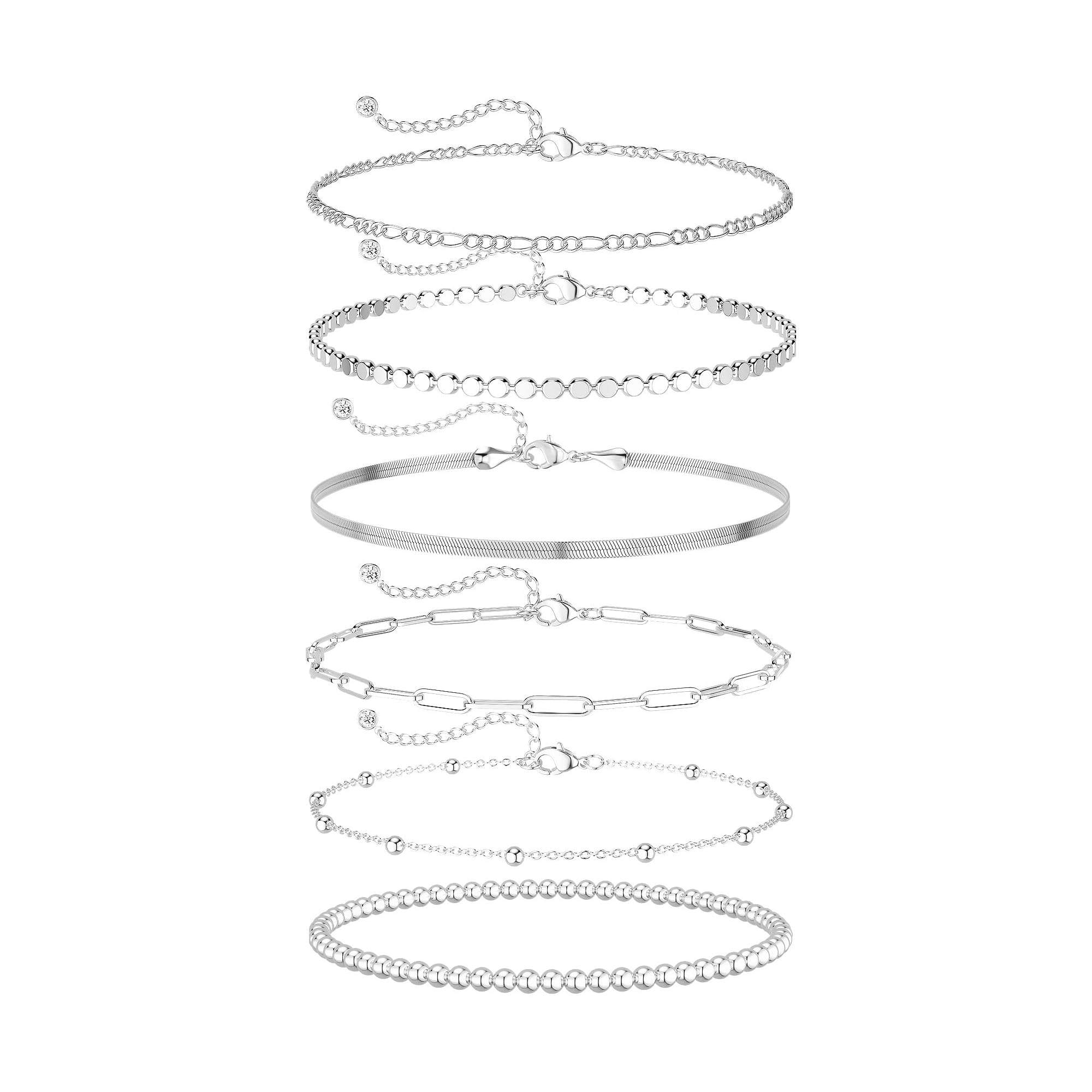 DEARMAY 6PCS Gold&Silver Bracelets Set for Women Dainty, Stackable Sterling Silver Plated Beaded Figaro Herringbone Paperclip Chain Waterproof, Layered Bracelets Set Gifts for Women Mom Her