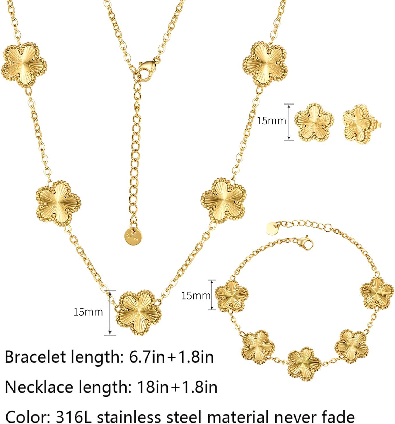 Clover Neckalce Bracelet Earring Set for Women 14K Gold Plated Stainless Steel Four Leaf Clover Jewelry Set