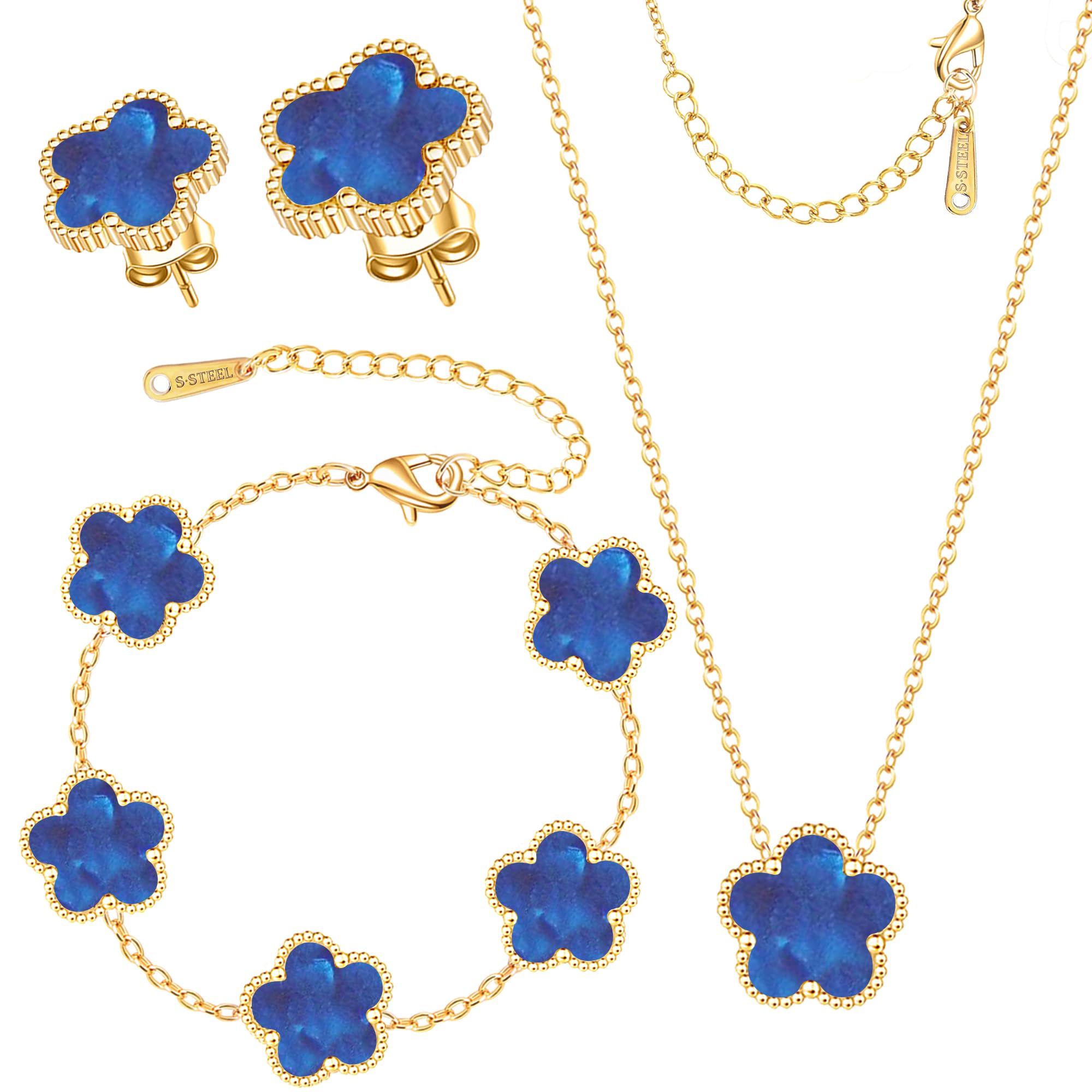 Clover Jewelry Set 3 PC - 18K Gold Plated Stainless Steel Y Necklace Four Leaf Pendant, Clover Link Bracelet Charm, Flower Earrings, Hypoallergenic Non-Tarnish,Simple Luxury Lucky Gifts for Women