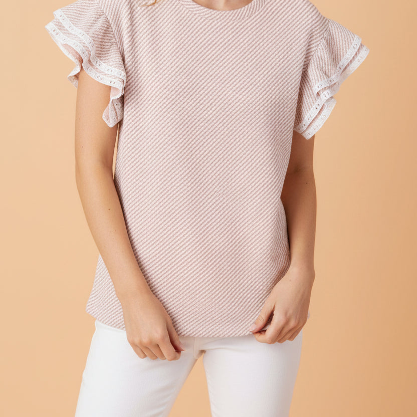 Stripe Twill Ruffle Lace Short Sleeve Blouse