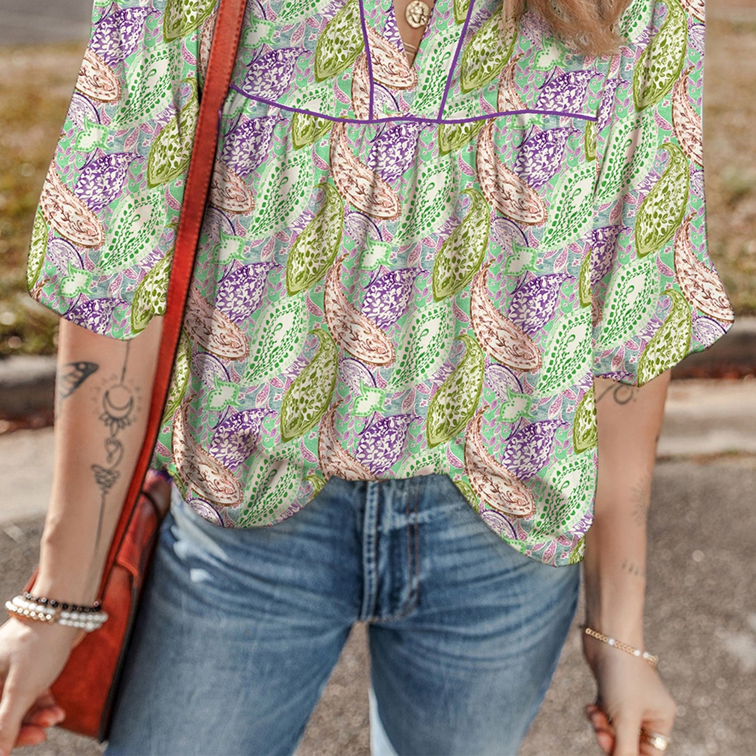 Boho Paisley Short Puff Sleeve V-Neck Blouse