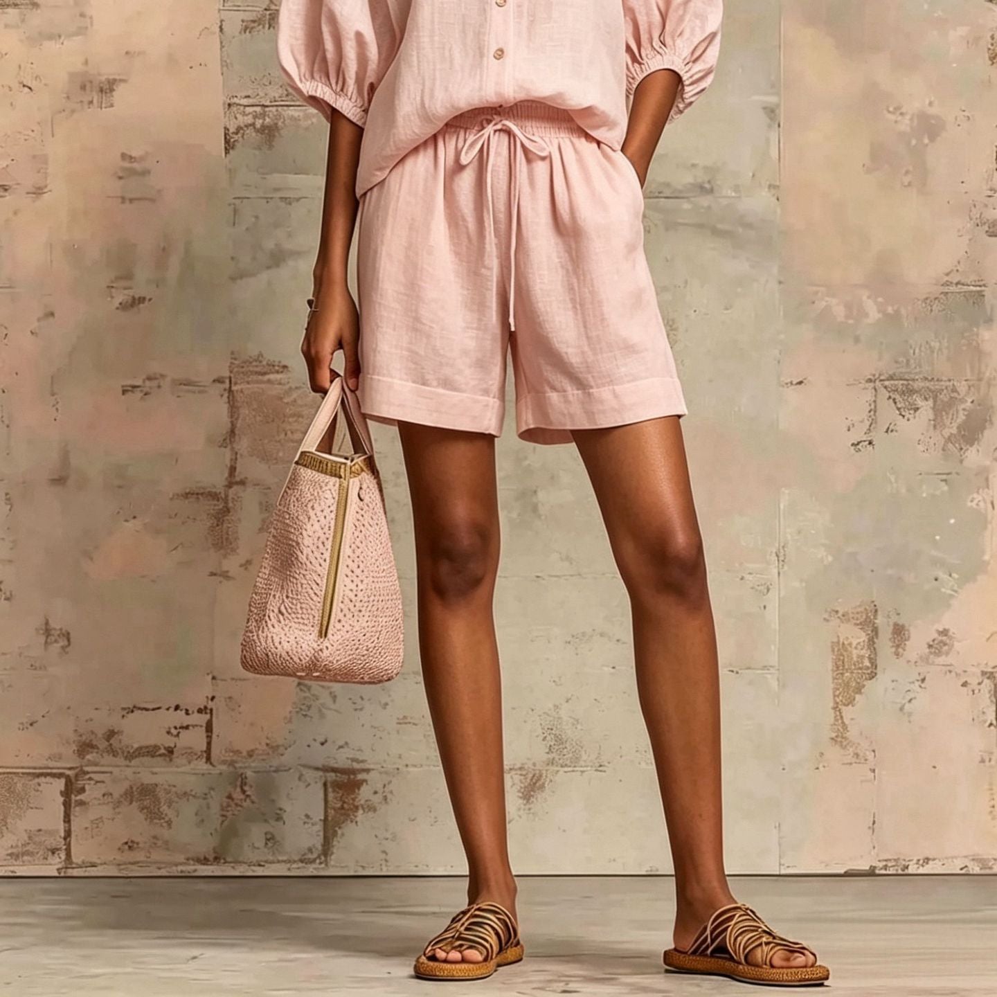 Women's Bubble-Sleeve Top & Drawstring Shorts Set