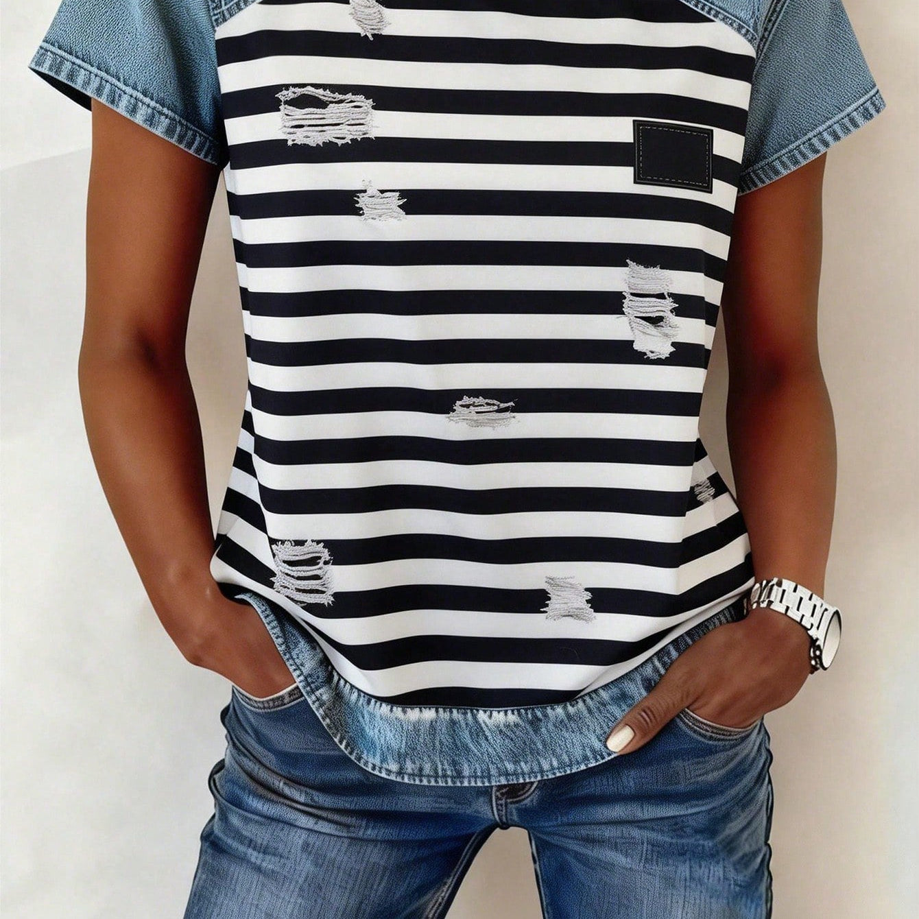 Women's Retro Denim Patchwork Short-Sleeve Shirt – Loose Fit