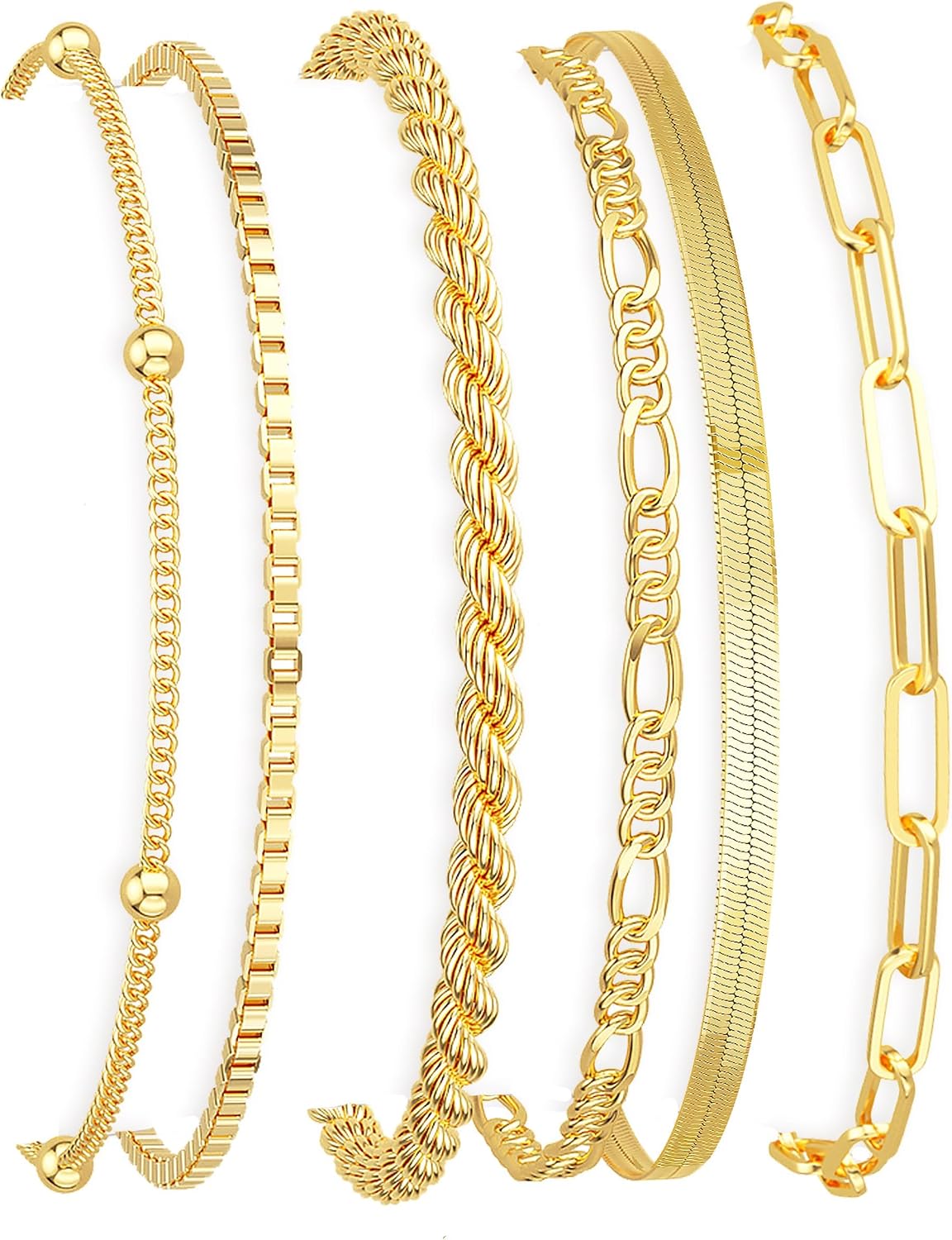 Dearmay Gold Bracelets for Women Waterproof, 14K Gold Plated Minimalist Bracelets Stack Non Tarnish Trendy Dainty Herringbone Vintage Cuban Paperclip Rope Thin Box Link Chain Stackable Jewelry Sets Modern Fashion Accessories Gifts for Womens