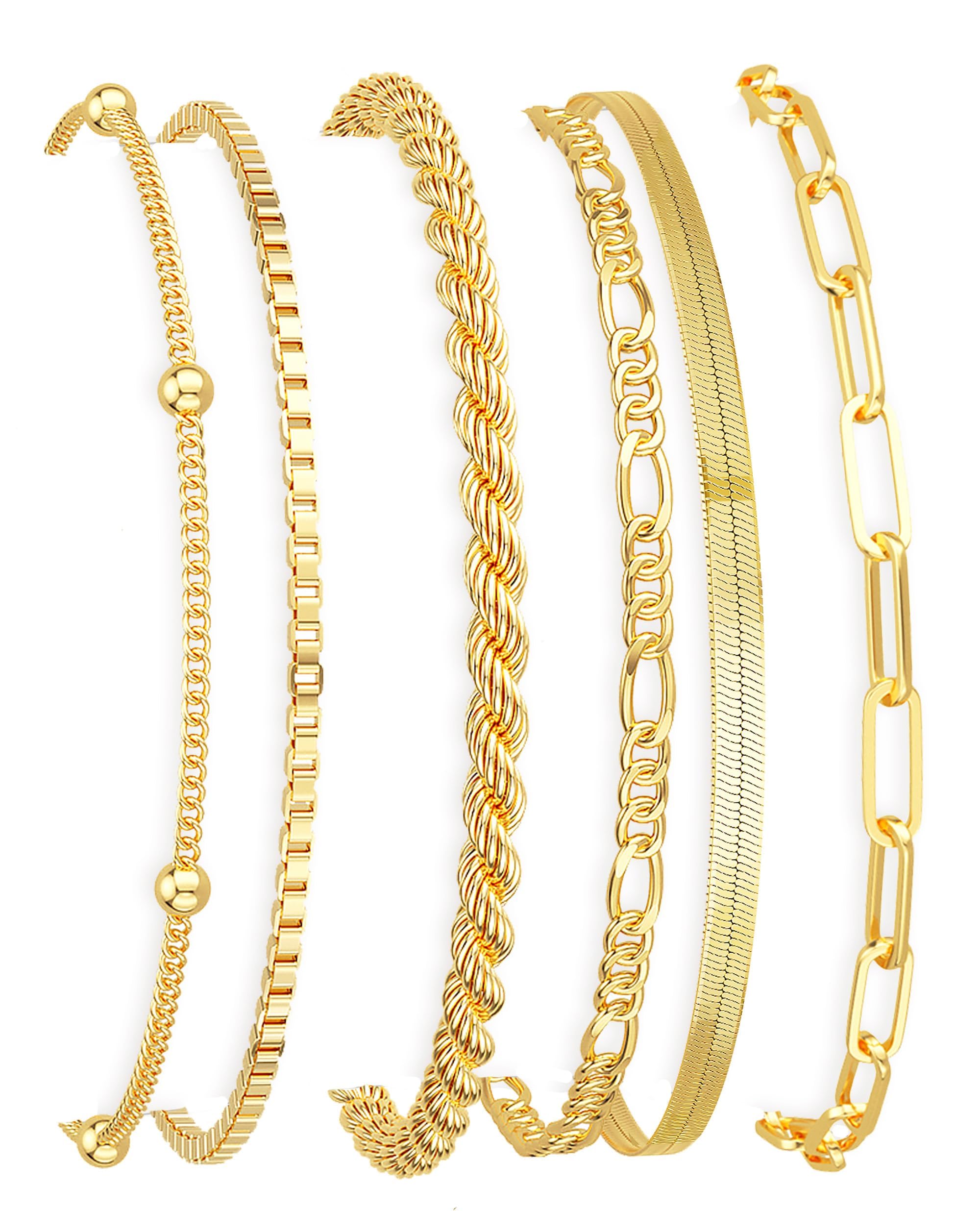 Dearmay Gold Bracelets for Women Waterproof, 14K Gold Plated Minimalist Bracelets Stack Non Tarnish Trendy Dainty Herringbone Vintage Cuban Paperclip Rope Thin Box Link Chain Stackable Jewelry Sets Modern Fashion Accessories Gifts for Womens