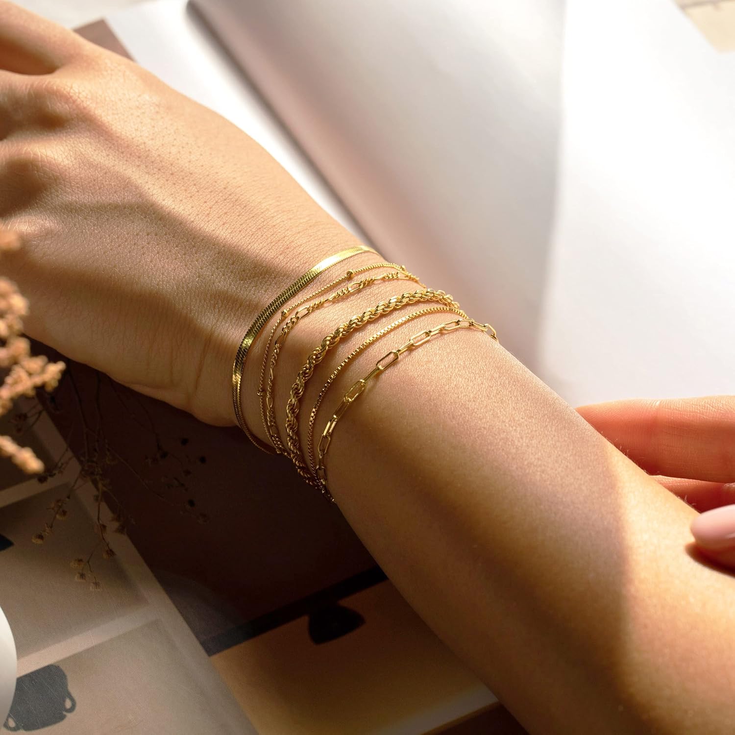 Dearmay Gold Bracelets for Women Waterproof, 14K Gold Plated Minimalist Bracelets Stack Non Tarnish Trendy Dainty Herringbone Vintage Cuban Paperclip Rope Thin Box Link Chain Stackable Jewelry Sets Modern Fashion Accessories Gifts for Womens
