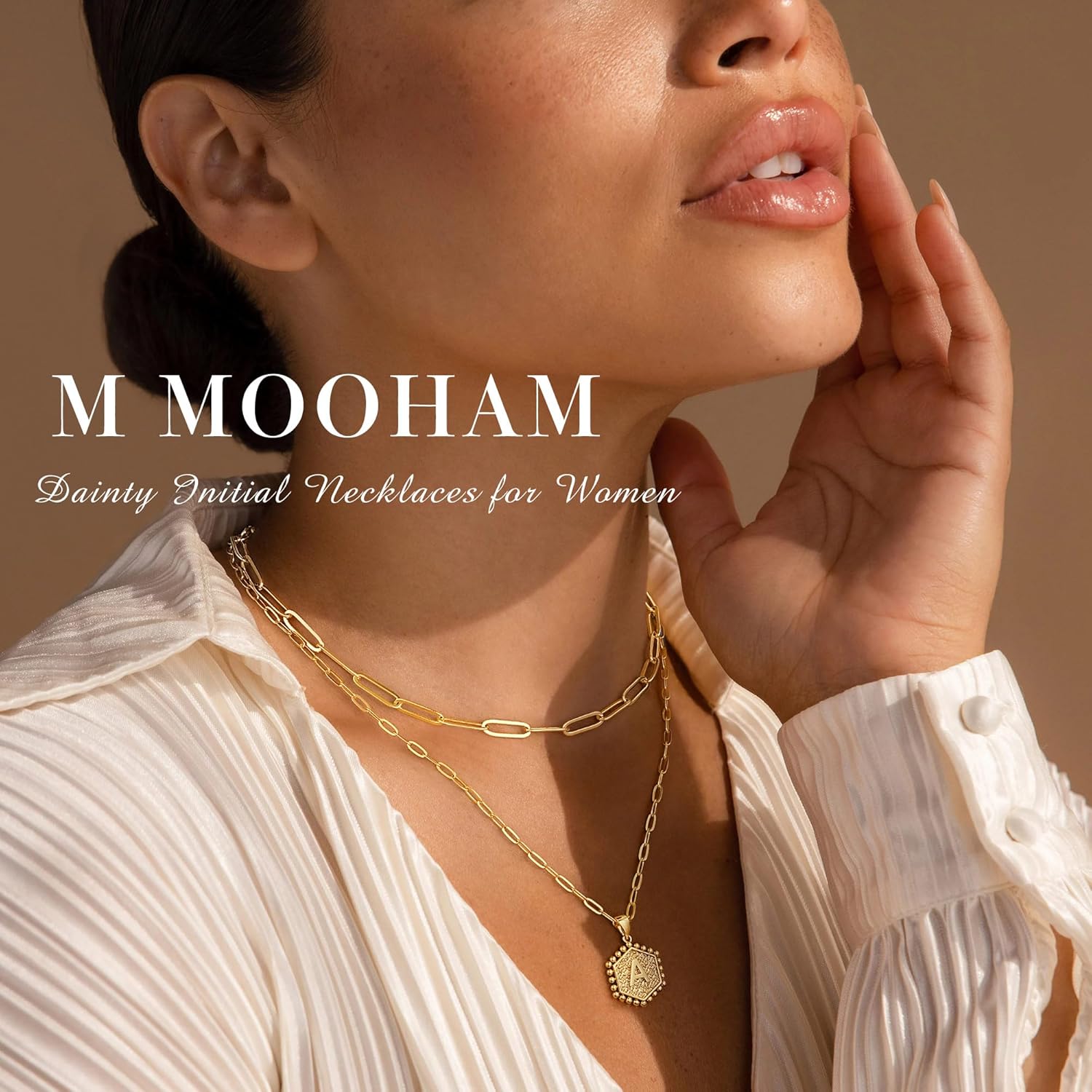 M MOOHAM Dainty Initial Necklaces for Women, 14K-Gold-Plated Layering Necklace for Women Cute Hexagon Letter Initial Necklace Layered Necklaces for Womens Teen Girl Gifts