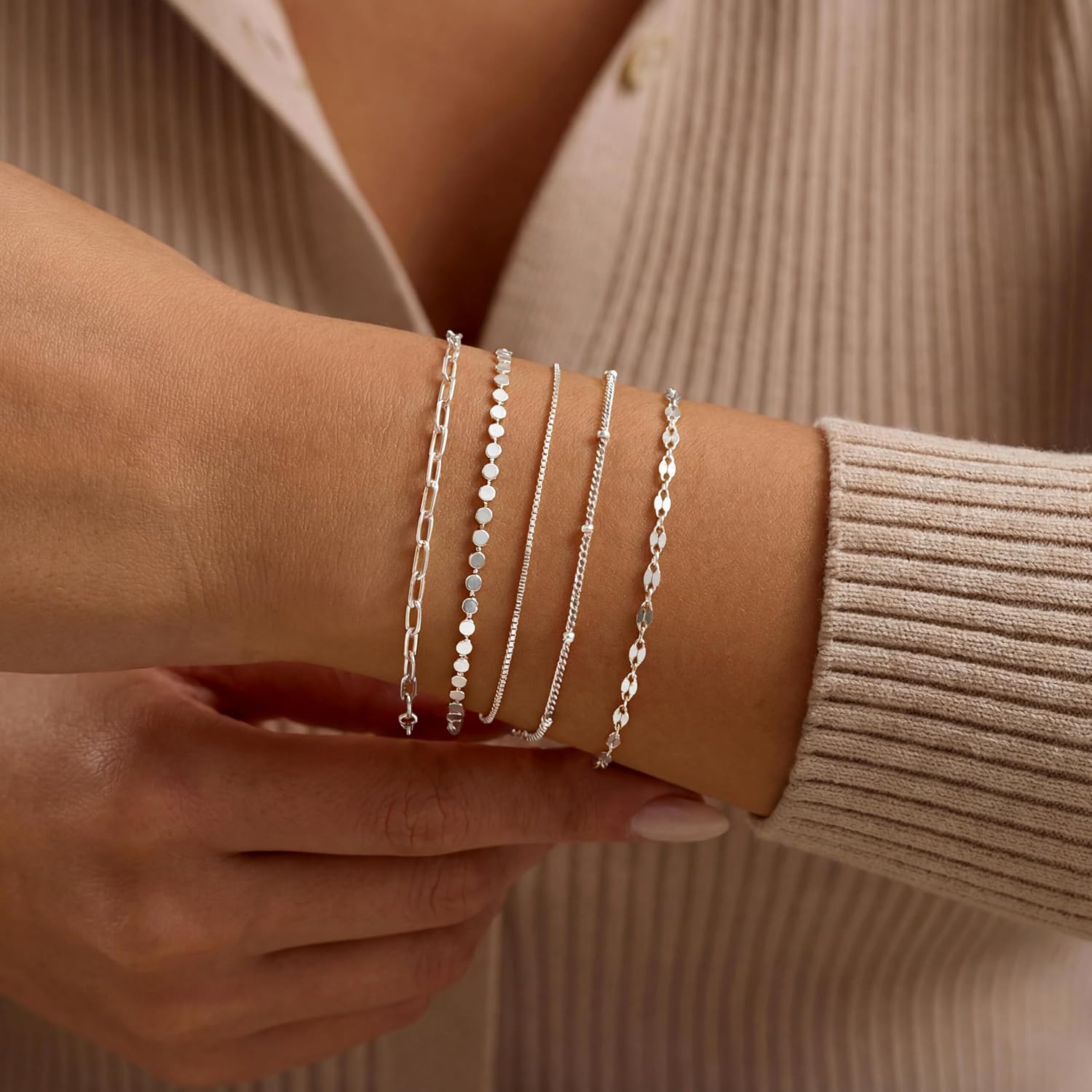 MBW Sterling Silver Bracelets for Women Trendy, Minimalist Simple Dainty S925 Silver Plated Bracelets for Women Stack Waterproof Jewelry Small Thin Bracelet Set for Womens Teen Gift
