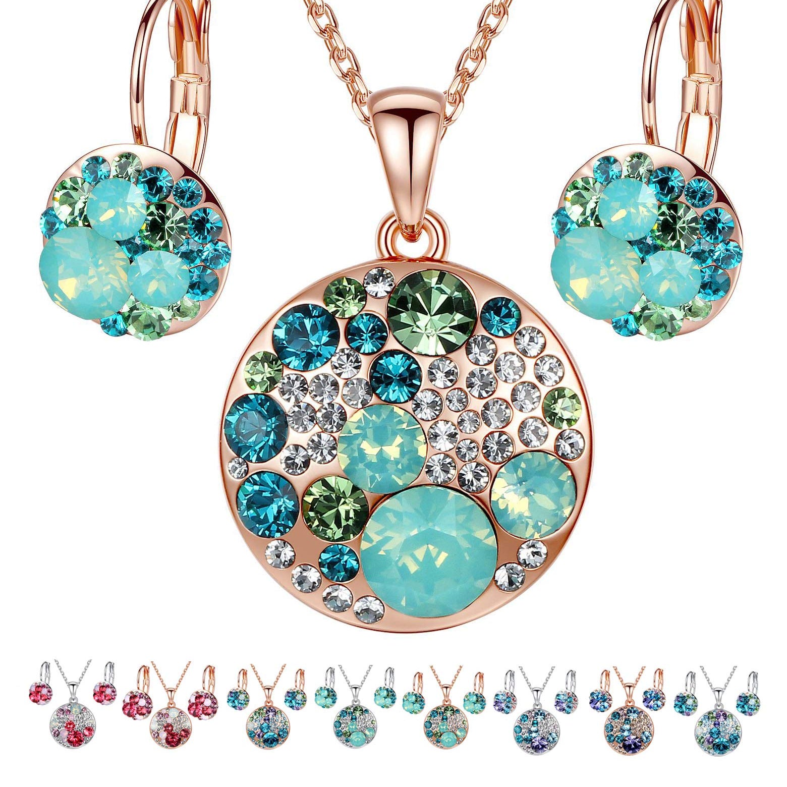 Leafael Ocean Bubble Women's Crystal Jewelry Set Costume Fashion Pendant Necklace Earring, Silver Tone or 18K Rose Gold Plated, 18" + 2", Birthday Gifts for Women