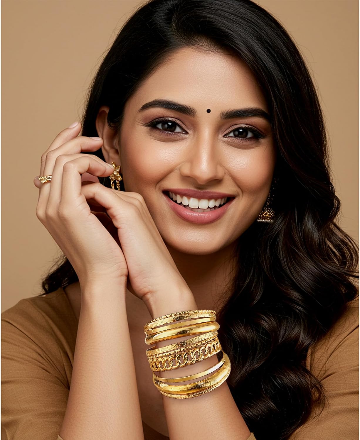 ÌF ME Gold Bangle Bracelets for Women, Indian Bangles Stackable Set, Multi Layer Textured 18K Gold Plated Chunky Bracelets Boho Jewelrys Set