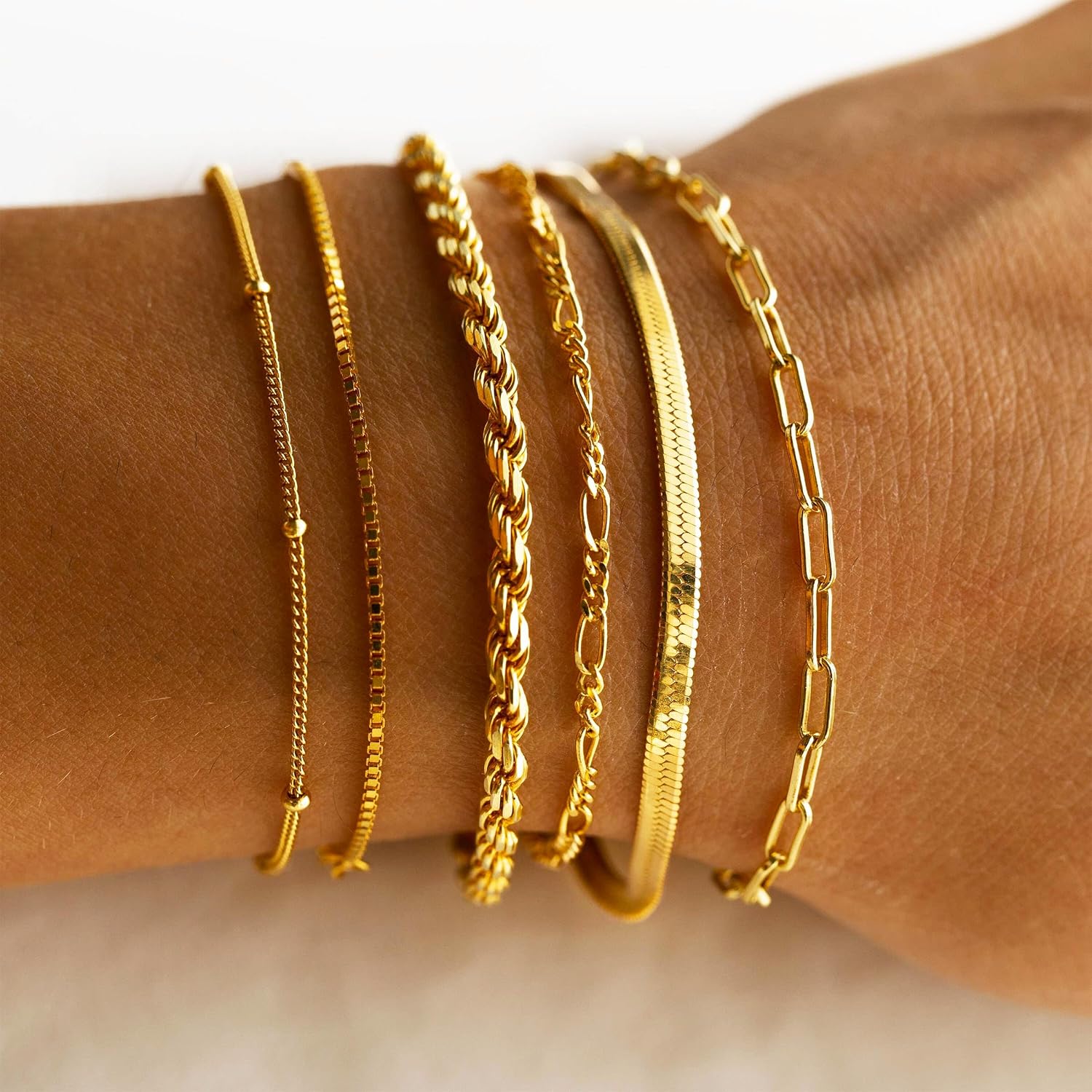 Dearmay Gold Bracelets for Women Waterproof, 14K Gold Plated Minimalist Bracelets Stack Non Tarnish Trendy Dainty Herringbone Vintage Cuban Paperclip Rope Thin Box Link Chain Stackable Jewelry Sets Modern Fashion Accessories Gifts for Womens