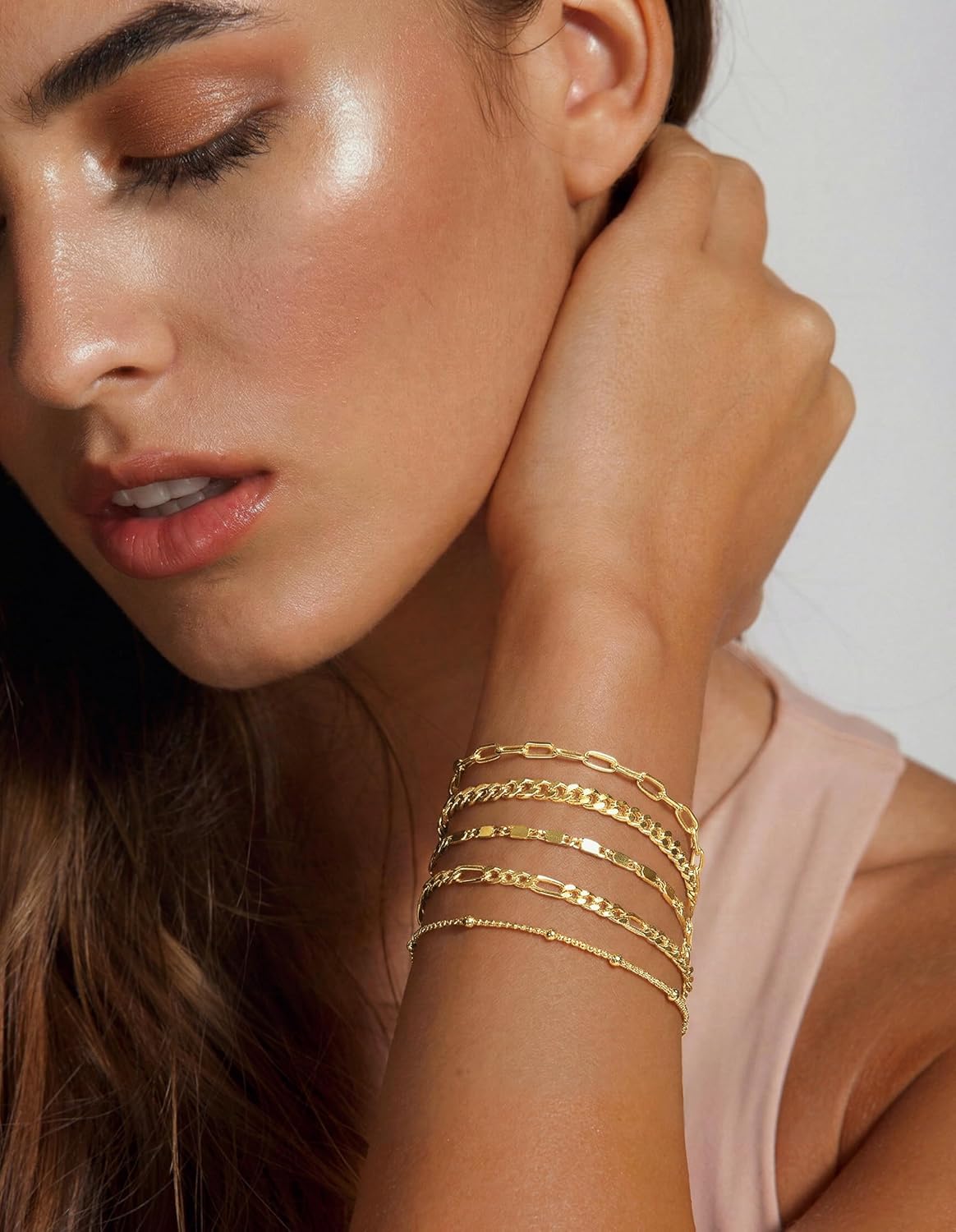 Gokeey Gold Bracelets Set for Women Non Tarnish Trendy,14K Gold Plated Dainty Stackable Paperclip Cuban Link Chain Bracelets, Simple Cute Cuff Bracelets Jewelry Set Adjustable 7"+2"