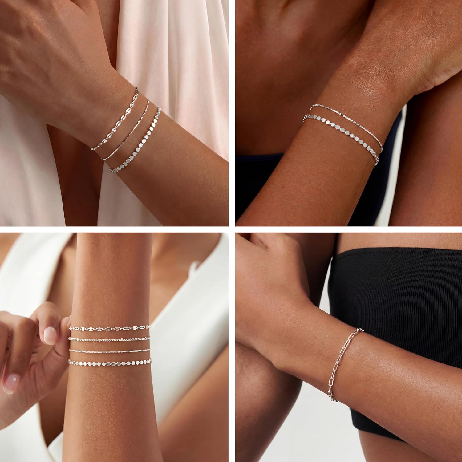 MBW Sterling Silver Bracelets for Women Trendy, Minimalist Simple Dainty S925 Silver Plated Bracelets for Women Stack Waterproof Jewelry Small Thin Bracelet Set for Womens Teen Gift