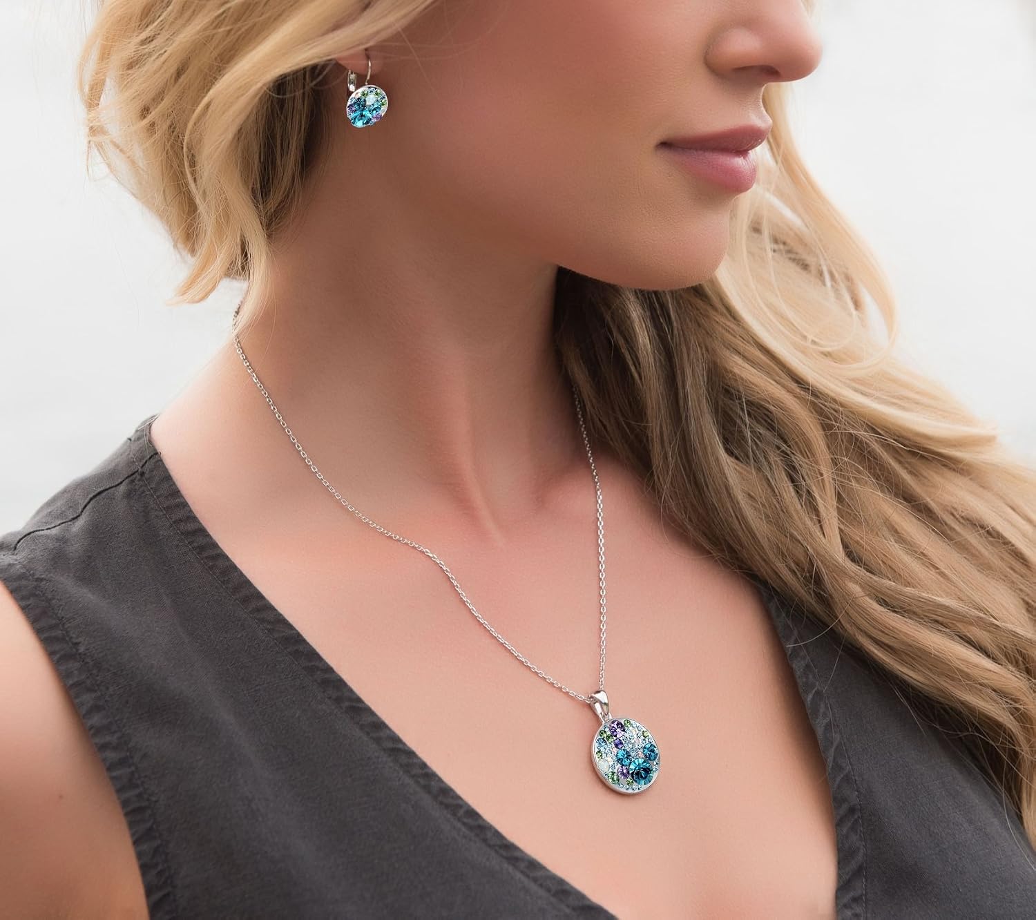 Leafael Ocean Bubble Women's Crystal Jewelry Set Costume Fashion Pendant Necklace Earring, Silver Tone or 18K Rose Gold Plated, 18" + 2", Birthday Gifts for Women