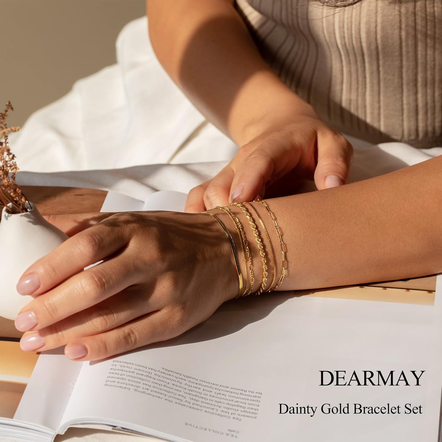 Dearmay Gold Bracelets for Women Waterproof, 14K Gold Plated Minimalist Bracelets Stack Non Tarnish Trendy Dainty Herringbone Vintage Cuban Paperclip Rope Thin Box Link Chain Stackable Jewelry Sets Modern Fashion Accessories Gifts for Womens