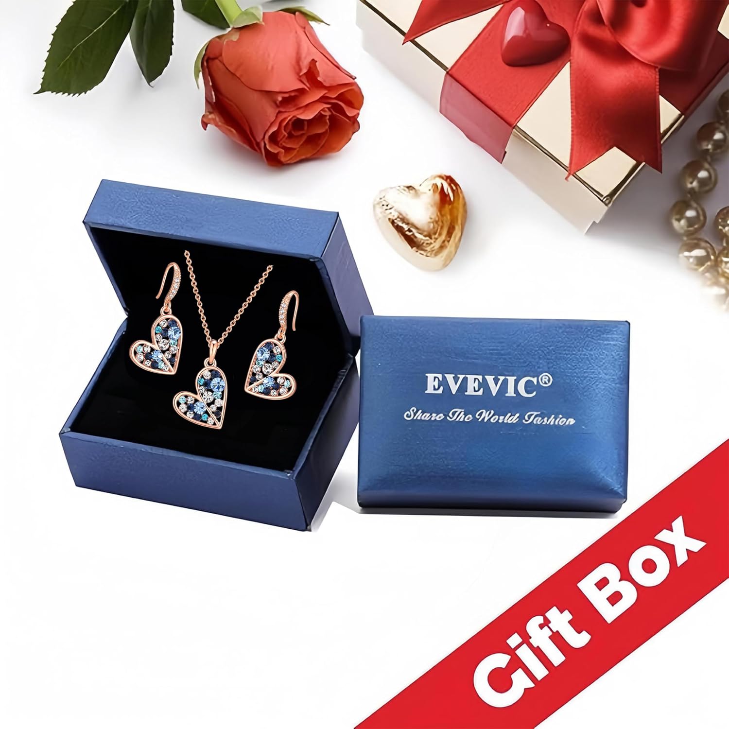 Austrian Crystal Heart Pendant Necklace Earrings Jewelry Sets for Women | Colorful Crystal,14K rose gold plated brass,Cute heart-shaped design,gift box,16+2" adjustable chain,women's jewelry set
