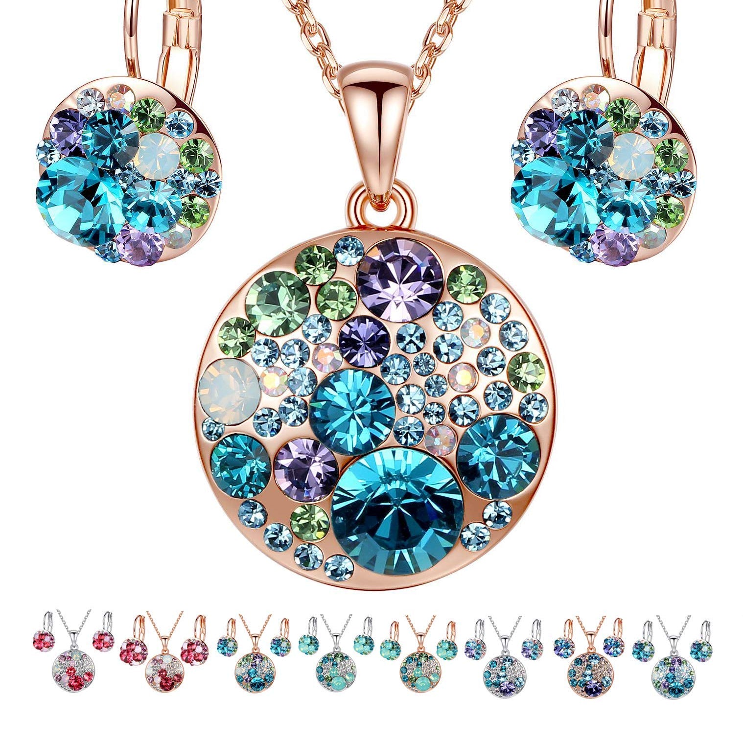 Leafael Ocean Bubble Women's Crystal Jewelry Set Costume Fashion Pendant Necklace Earring, Silver Tone or 18K Rose Gold Plated, 18" + 2", Birthday Gifts for Women