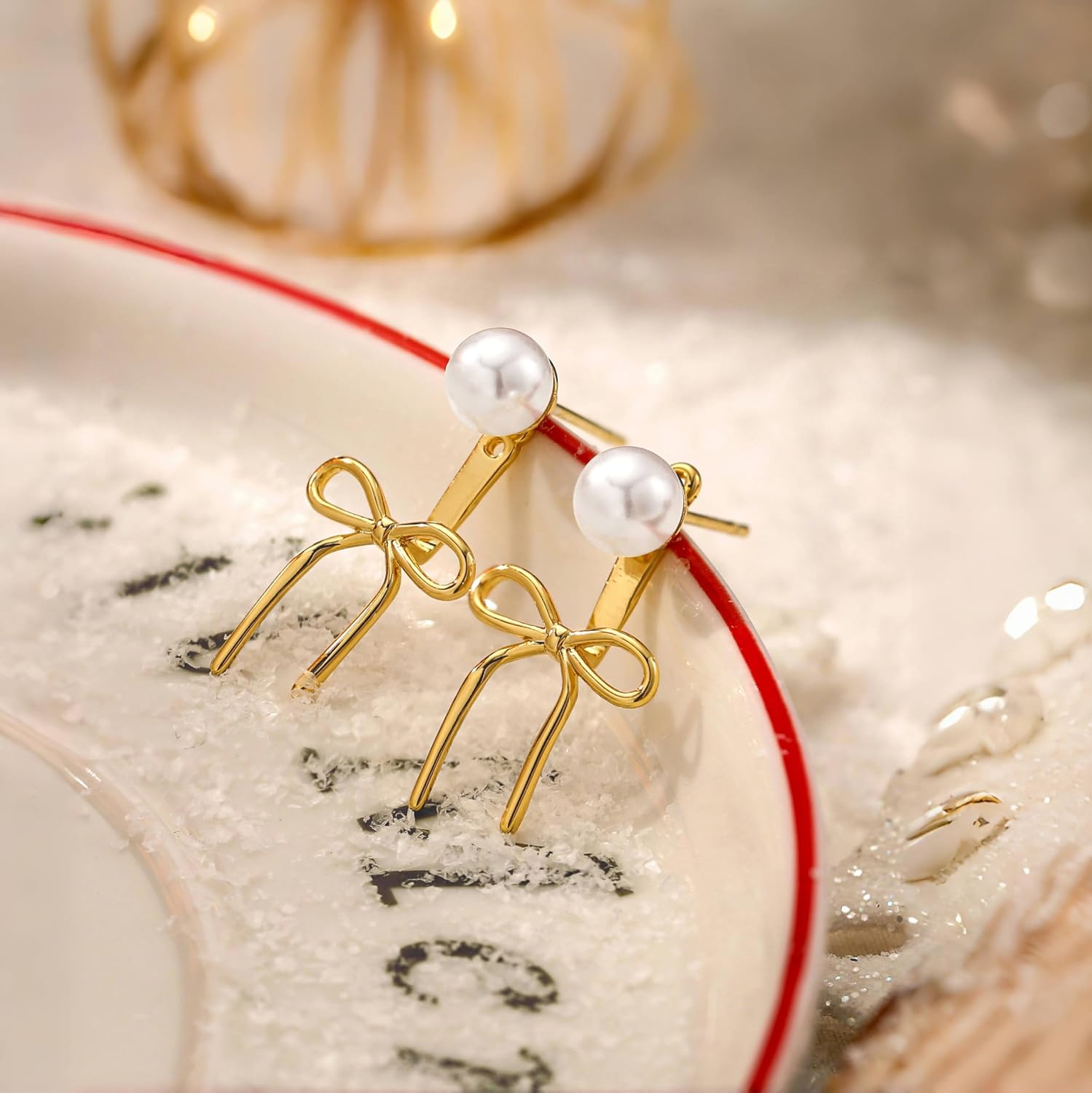 Risamil 14K Gold Plated/Silver Earrings for Women Trendy, Dainty Bow Earrings for Women Cute Pearl Huggie Earring Hoops Twist Rope Bow Stud Pearl Dangle Cubic Zirconia Earrings Jewelry Gifts