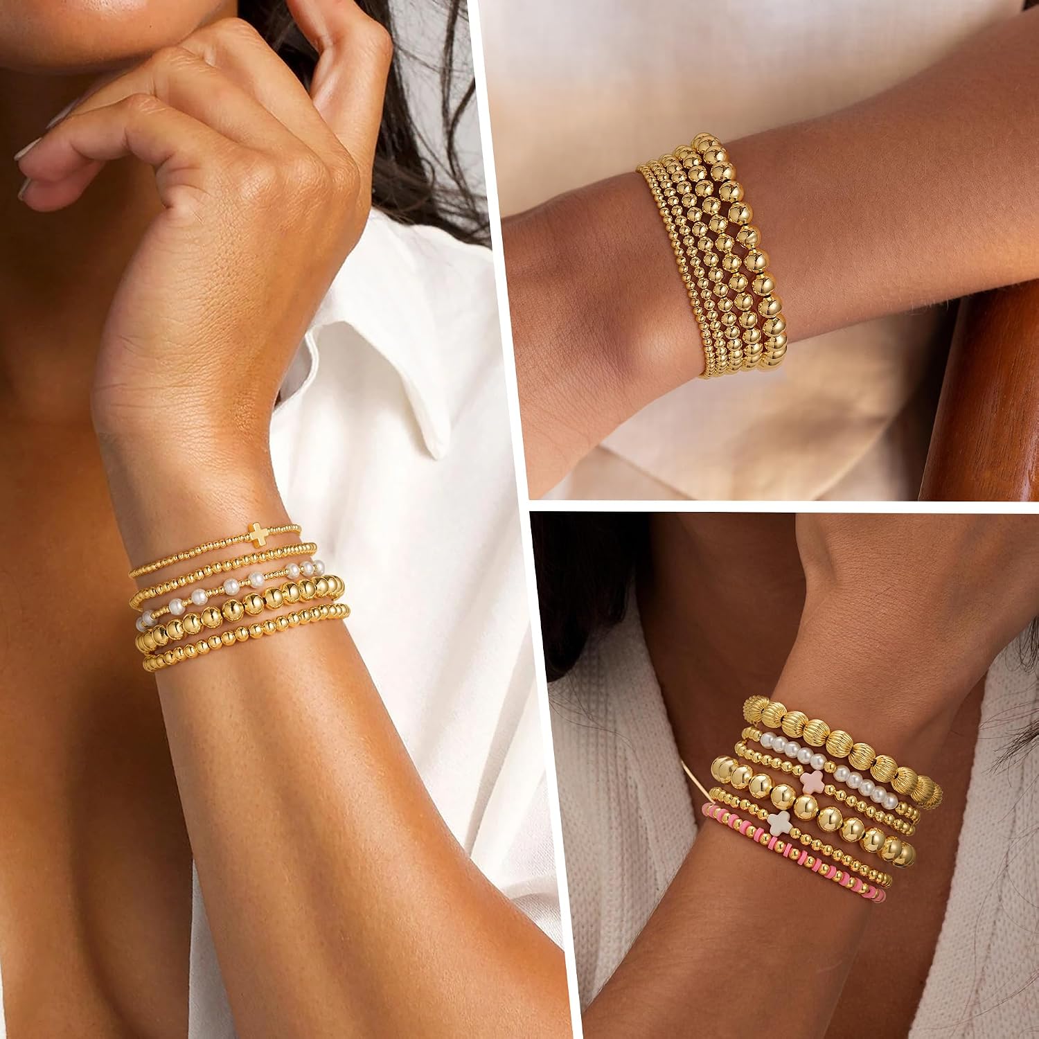 Yoosteel Gold Beaded Bracelets Set for Women Teen Girl Gifts Non Tarnish - 14K Gold Plated Dainty Round Beaded Pearl Cross Bracelet Stack for Women Teenage Girls Stackable Jewelry Gifts