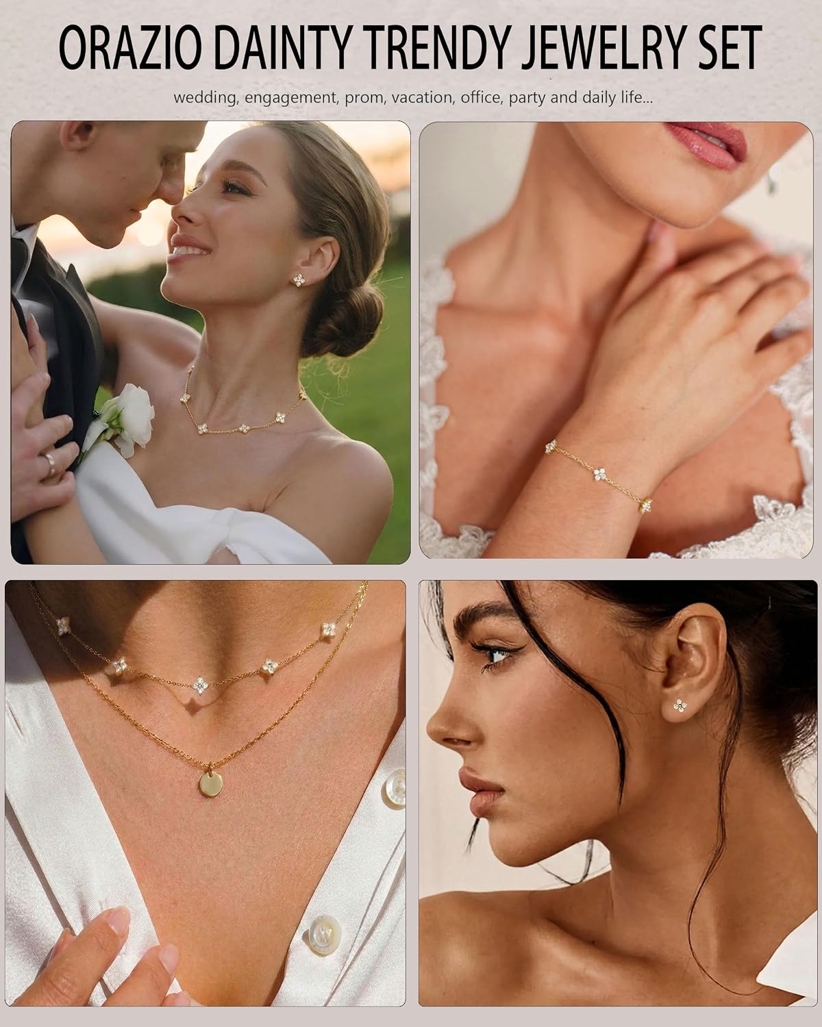 ORAZIO Dainty Silver Gold Jewelry Set for Women Trendy 14K Gold Plated CZ Flowers Pendant Choker Necklaces for Women Stud Earrings Link Bracelets Stack Jewelry Gifts for Wedding Prom Brides