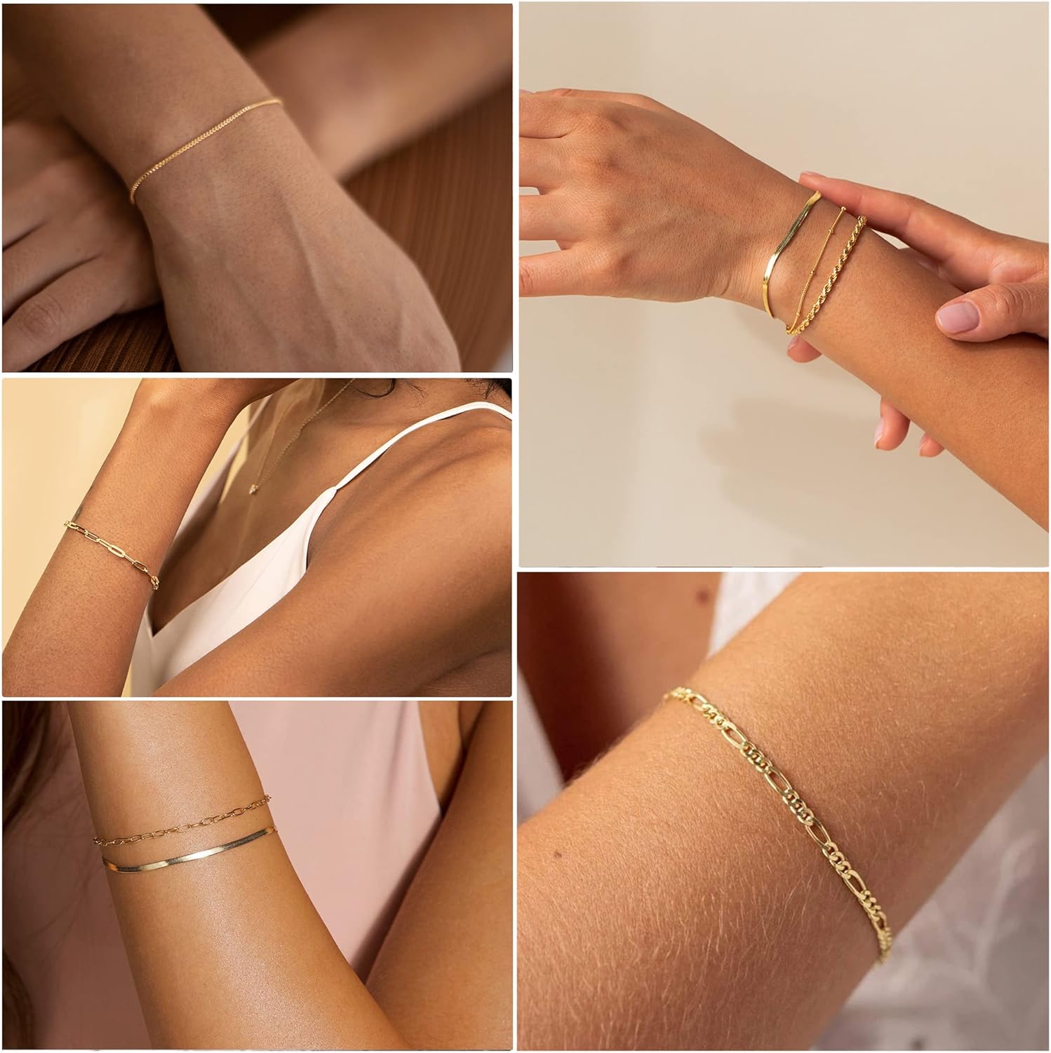 Dearmay Gold Bracelets for Women Waterproof, 14K Gold Plated Minimalist Bracelets Stack Non Tarnish Trendy Dainty Herringbone Vintage Cuban Paperclip Rope Thin Box Link Chain Stackable Jewelry Sets Modern Fashion Accessories Gifts for Womens