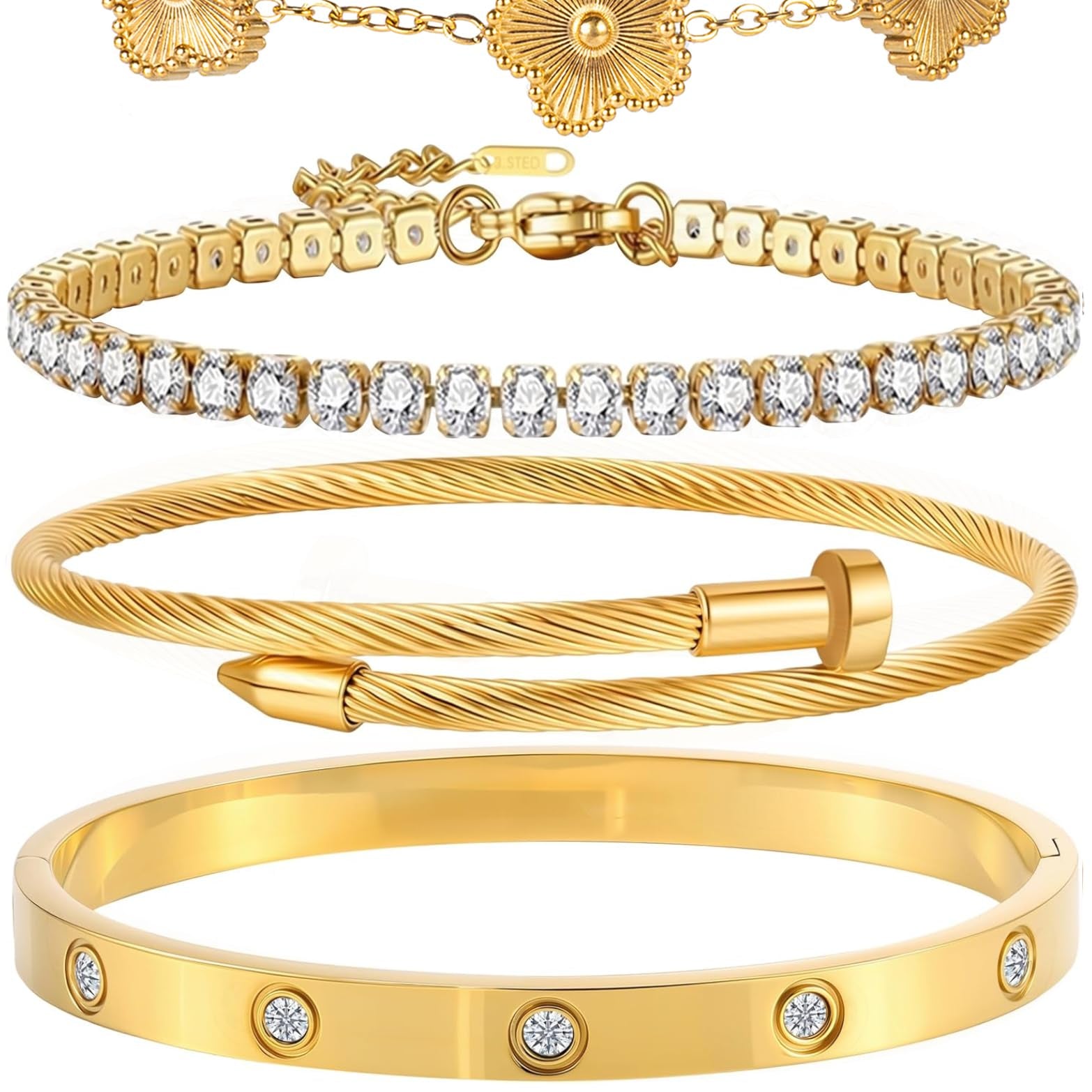 18K Gold Plated Bangle Bracelet Set for Women Stackable Lucky Floral Adjustable Tennis Bracelet Non Tarnish Gift Jewelry for Christmas Valentines Birthday Mother's Day