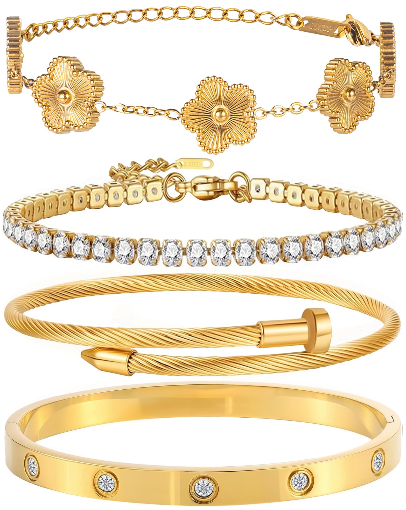 18K Gold Plated Bangle Bracelet Set for Women Stackable Lucky Floral Adjustable Tennis Bracelet Non Tarnish Gift Jewelry for Christmas Valentines Birthday Mother's Day