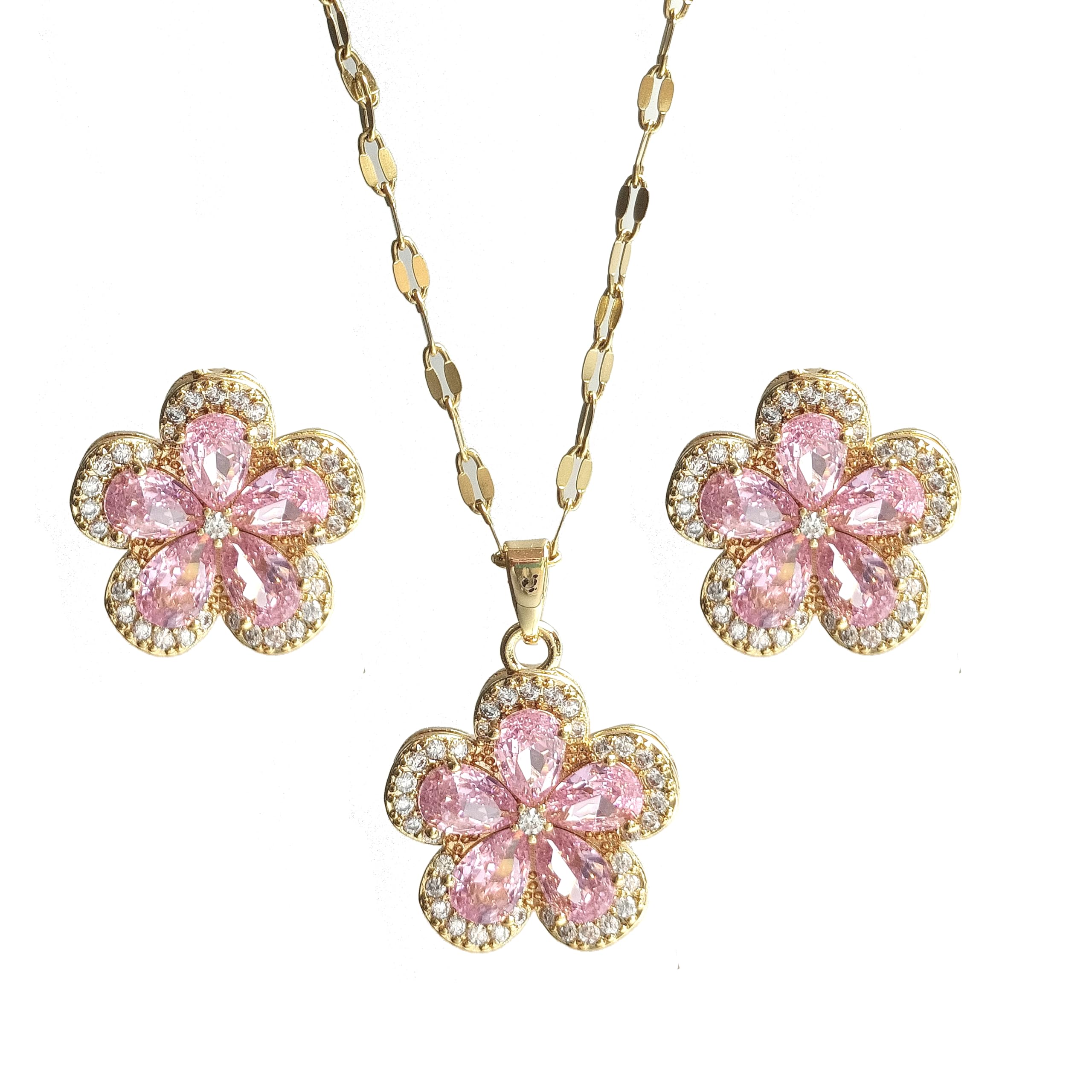 Delicate Zircon Flower Necklace Earrings Jewelry Set - 18K Gold Plated Stainless Steel Lip Chain Choker S925 Silver Needles Stud Earrings for Women, Luxury Accessories Gifts, Packed with Box