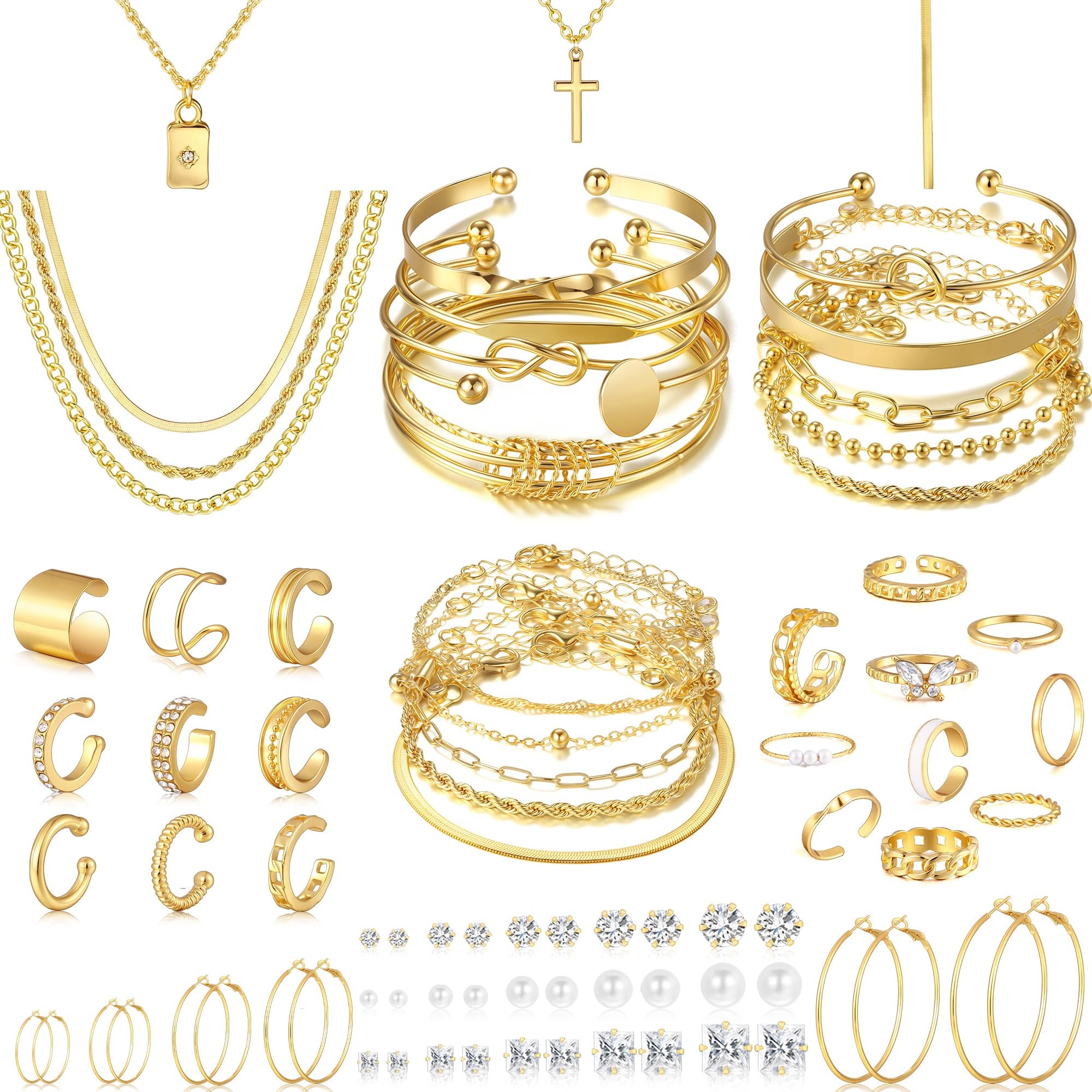 17 MILE 78 Pieces Gold Jewelry Set for Women, 9 Necklace, 24 Bracelet, 22 Earrings, 23 Knuckle Rings Gold Plated Jewerly set for Women Gift