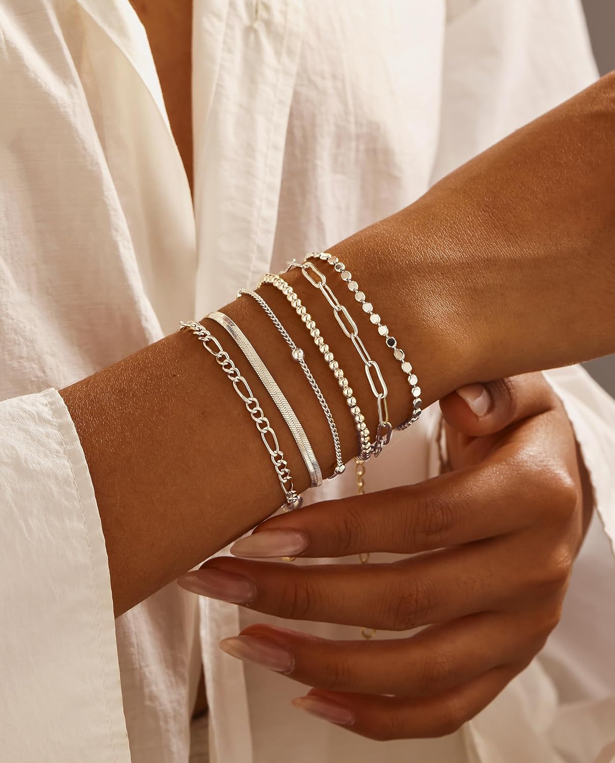 DEARMAY 6PCS Gold&Silver Bracelets Set for Women Dainty, Stackable Sterling Silver Plated Beaded Figaro Herringbone Paperclip Chain Waterproof, Layered Bracelets Set Gifts for Women Mom Her