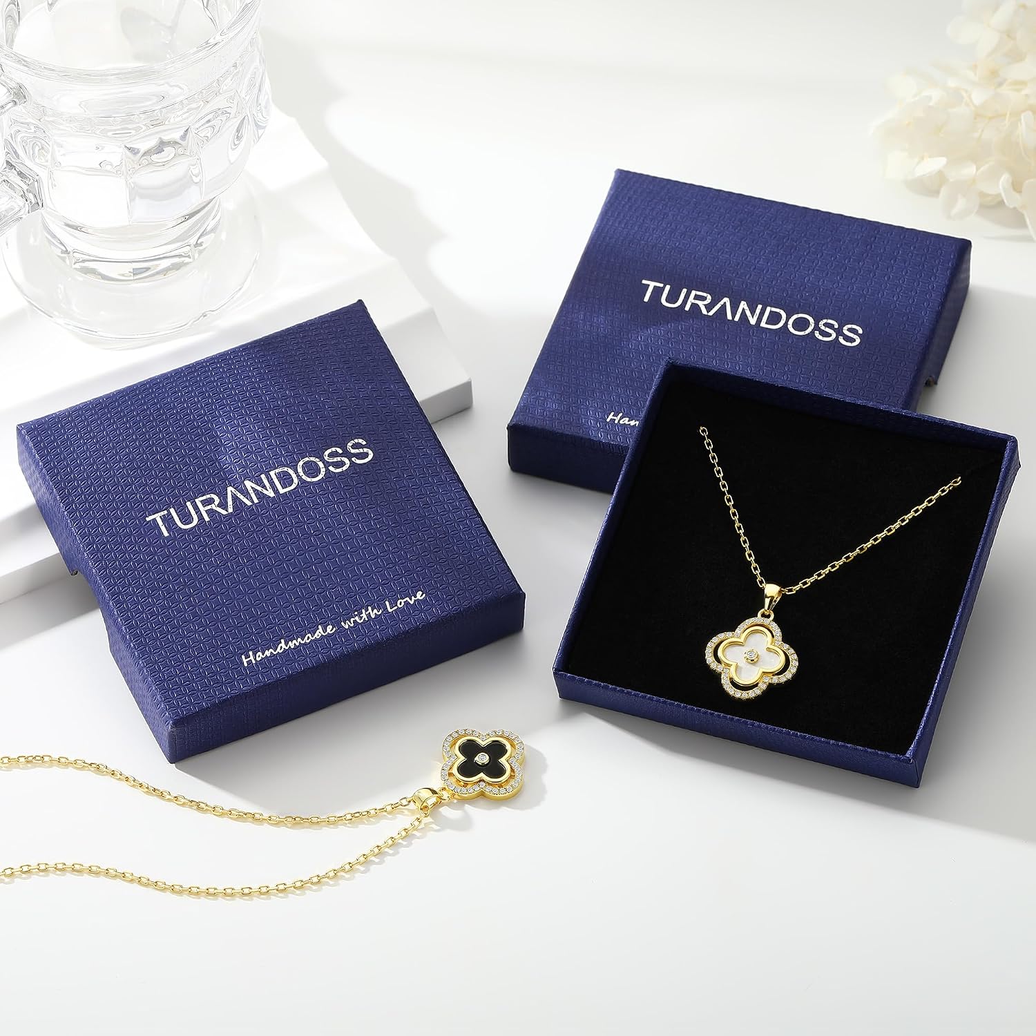 Turandoss Clover Necklaces for Women - Dainty 14K Gold Plated CZ Pendant Necklace Colorful Four Leaf Clover Necklace Lucky Necklaces Gifts